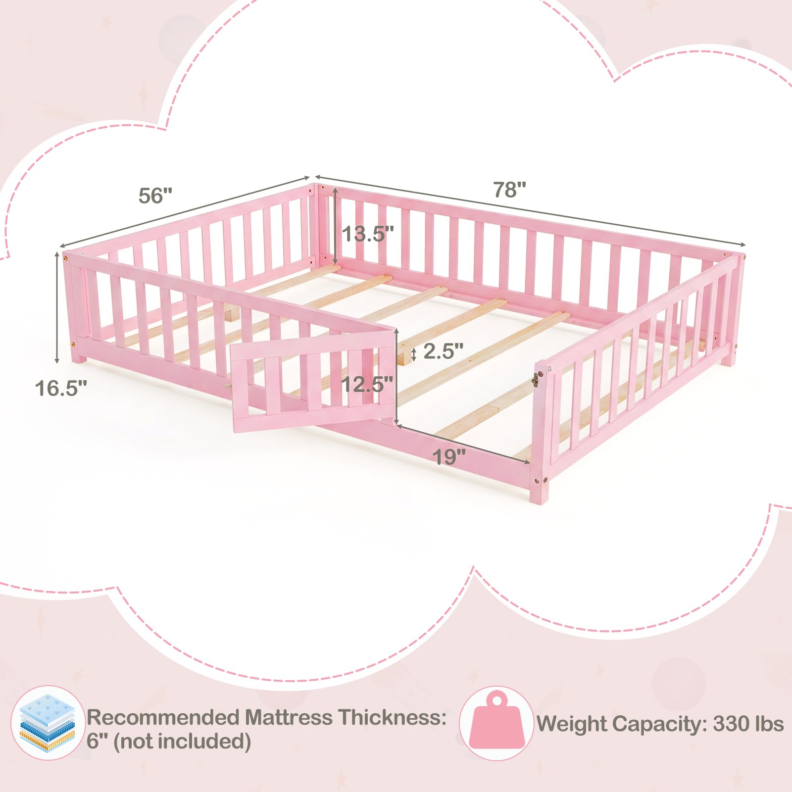 KOMFOTT Full Size Wood Floor Bed with Door & Fence(Full with Slats)