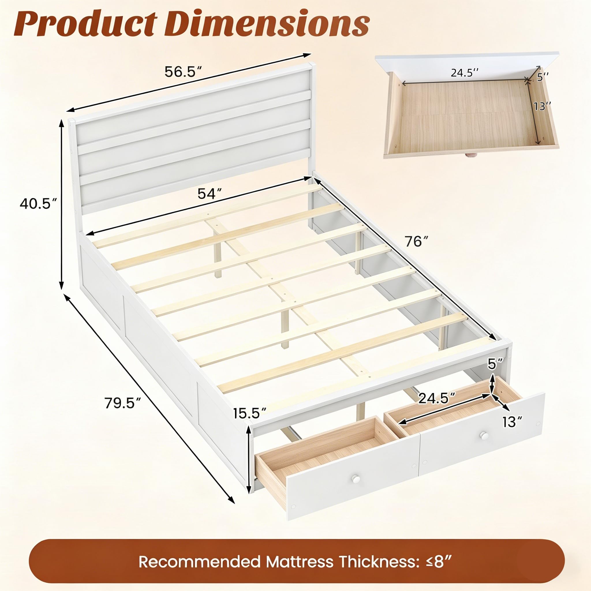 KOMFOTT Twin/Full Size Bed Frame with 2 Storage Drawers