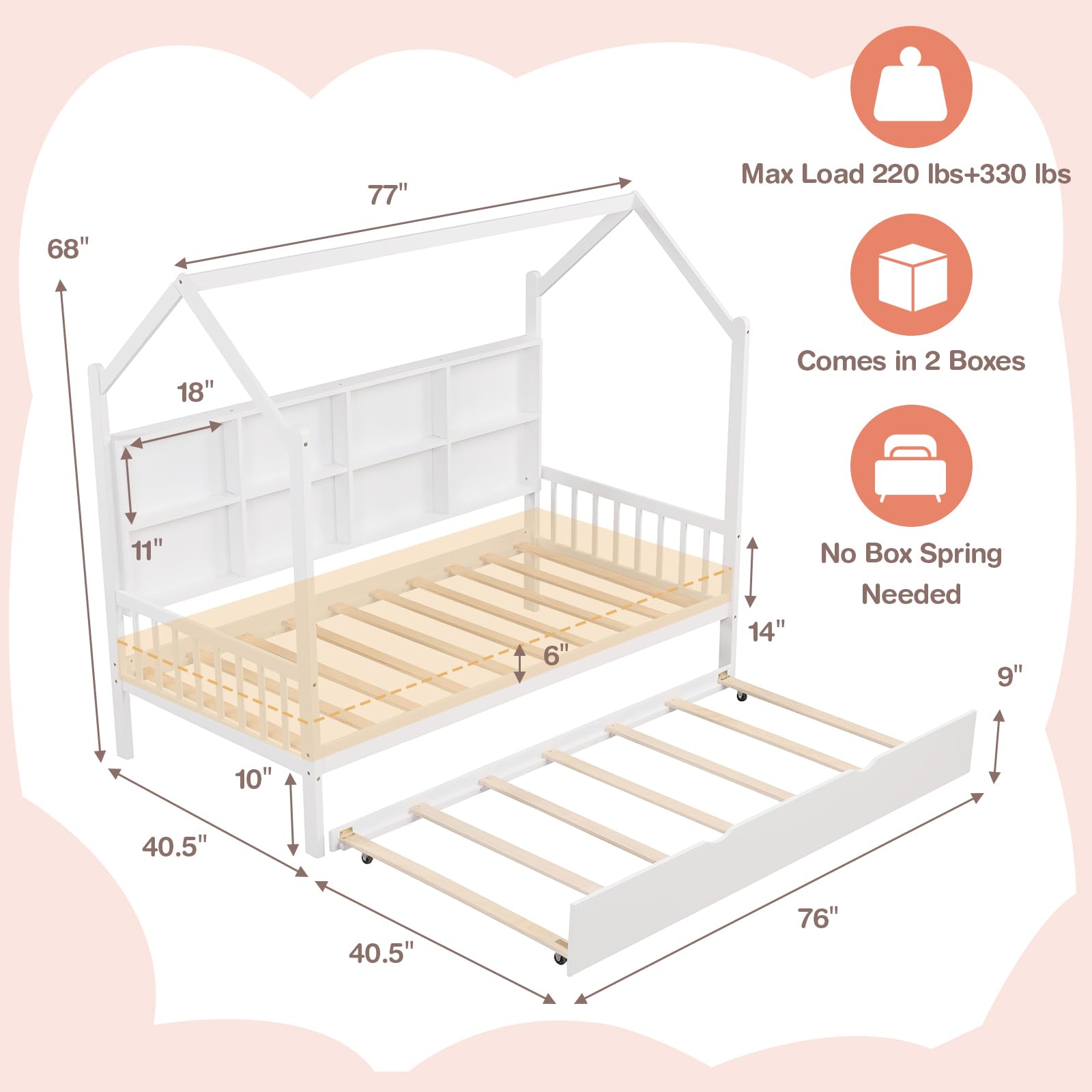 KOMFOTT Wood Twin House Bed with Trundle（White）
