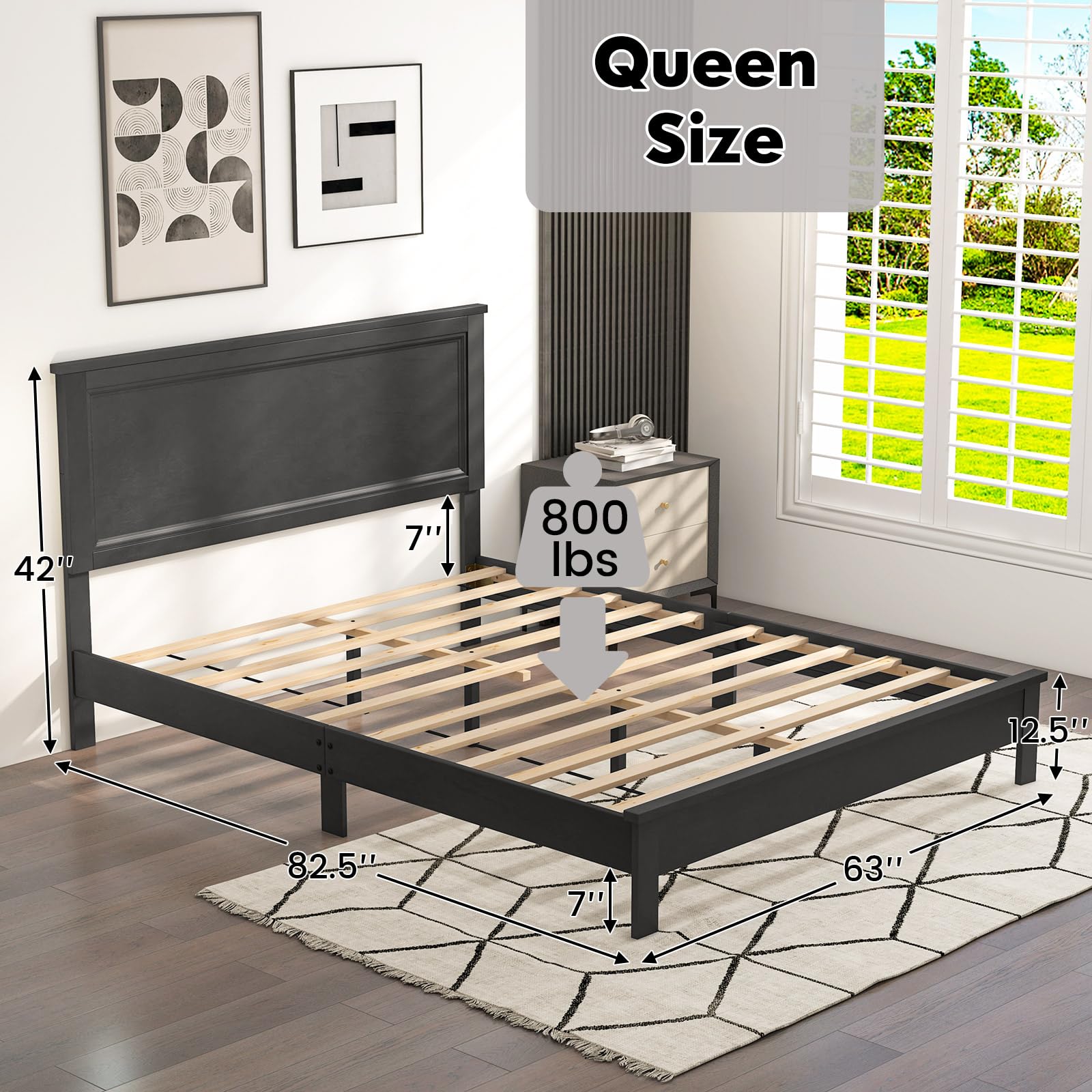 KOMFOTT Mid-Century Modern Platform Bed with Headboard, Solid Wood Legs