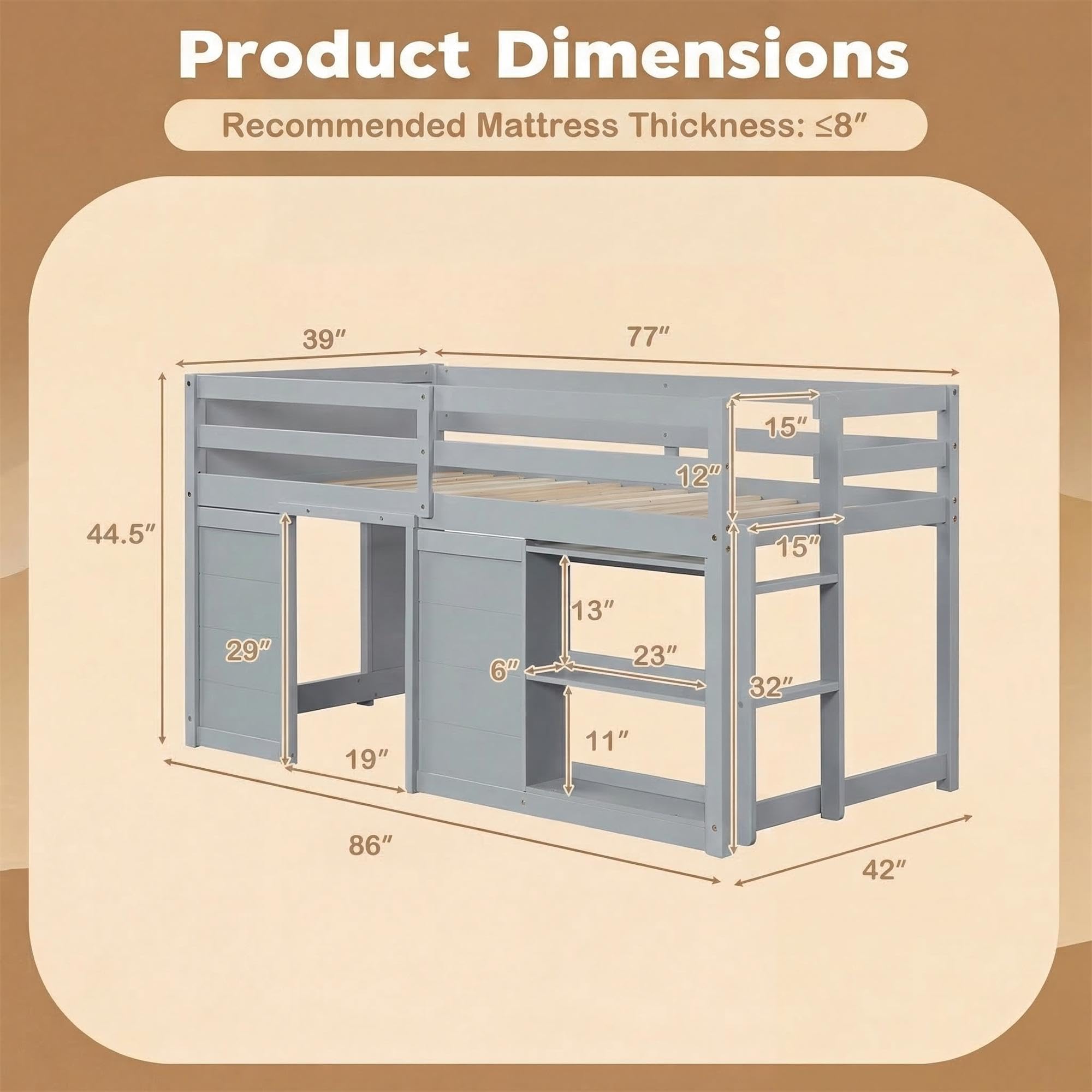 KOMFOTT Twin Low Loft Bed with LED Lights & 2 Doors, Under-Bed Play Space & Storage Bookcase