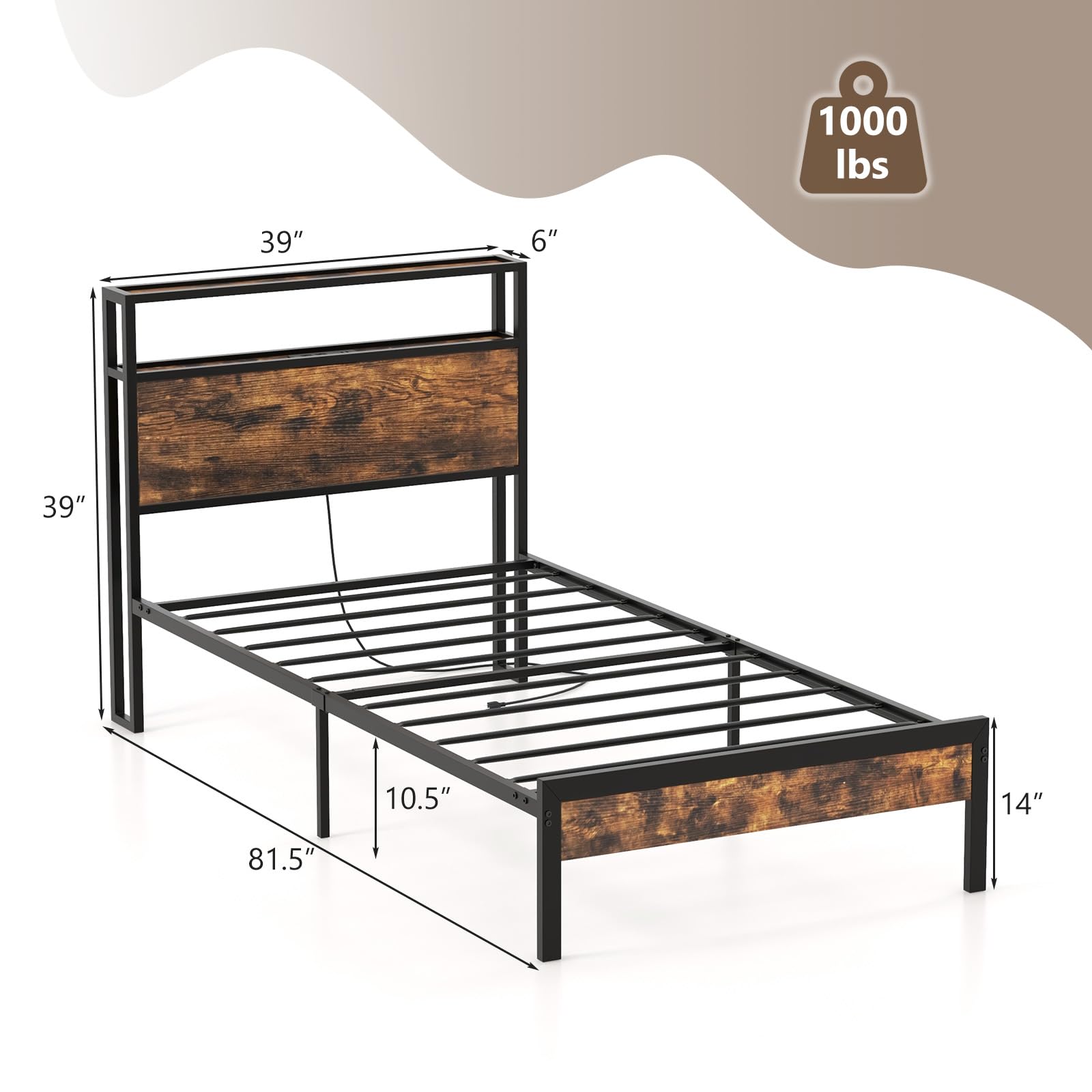 KOMFOTT Industrial Bed Frame with 2-Tier Storage Headboard & Charging Station