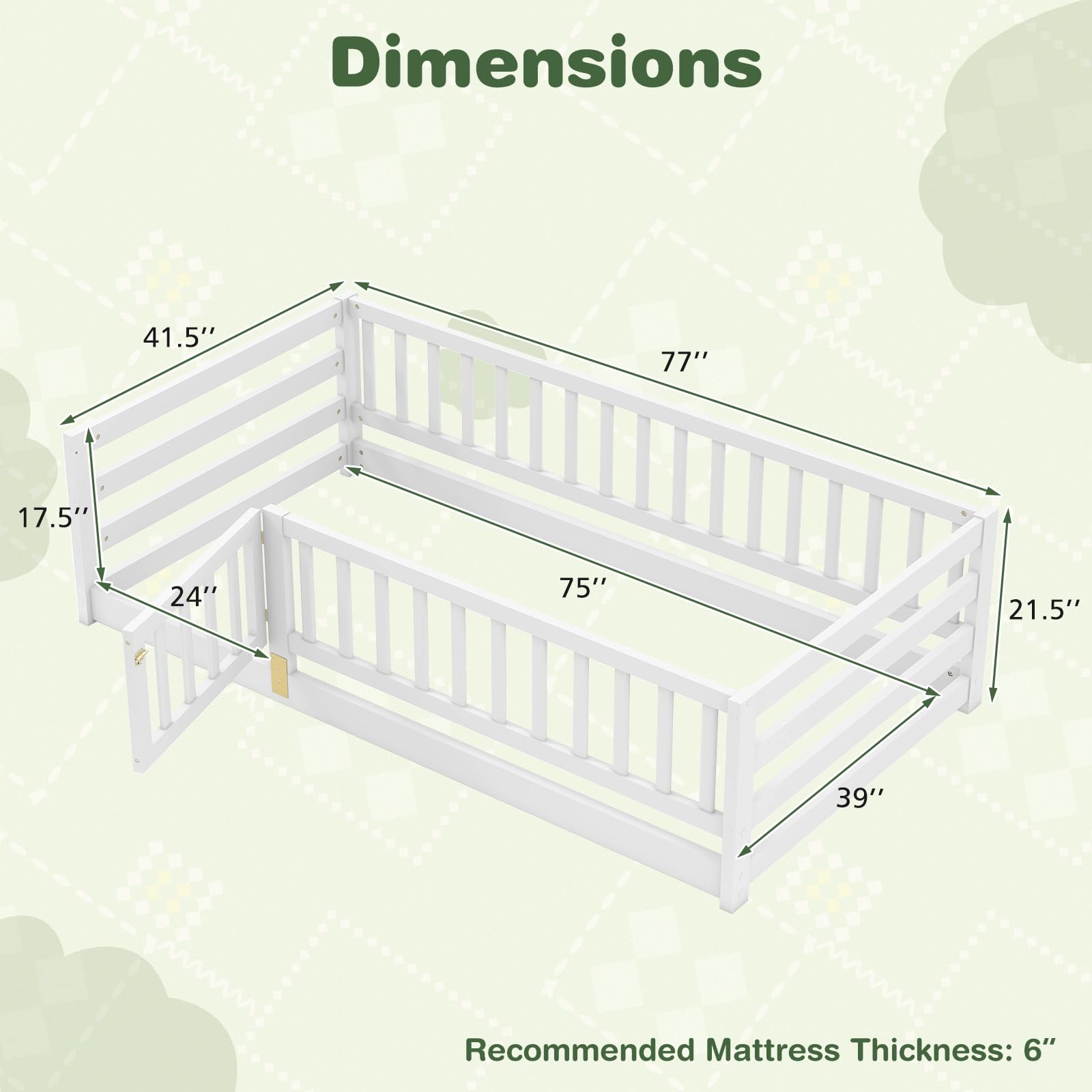 KOMFOTT Twin Size Wood Floor Bed with Door & 21.5” Fence