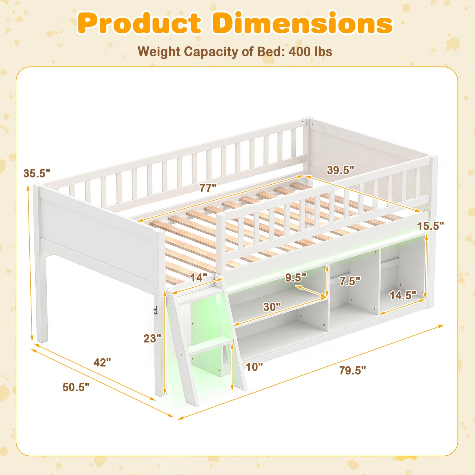 KOMFOTT Twin Size Low Loft Bed with LED Lights & Storage Bookcase(without Chalkboard)