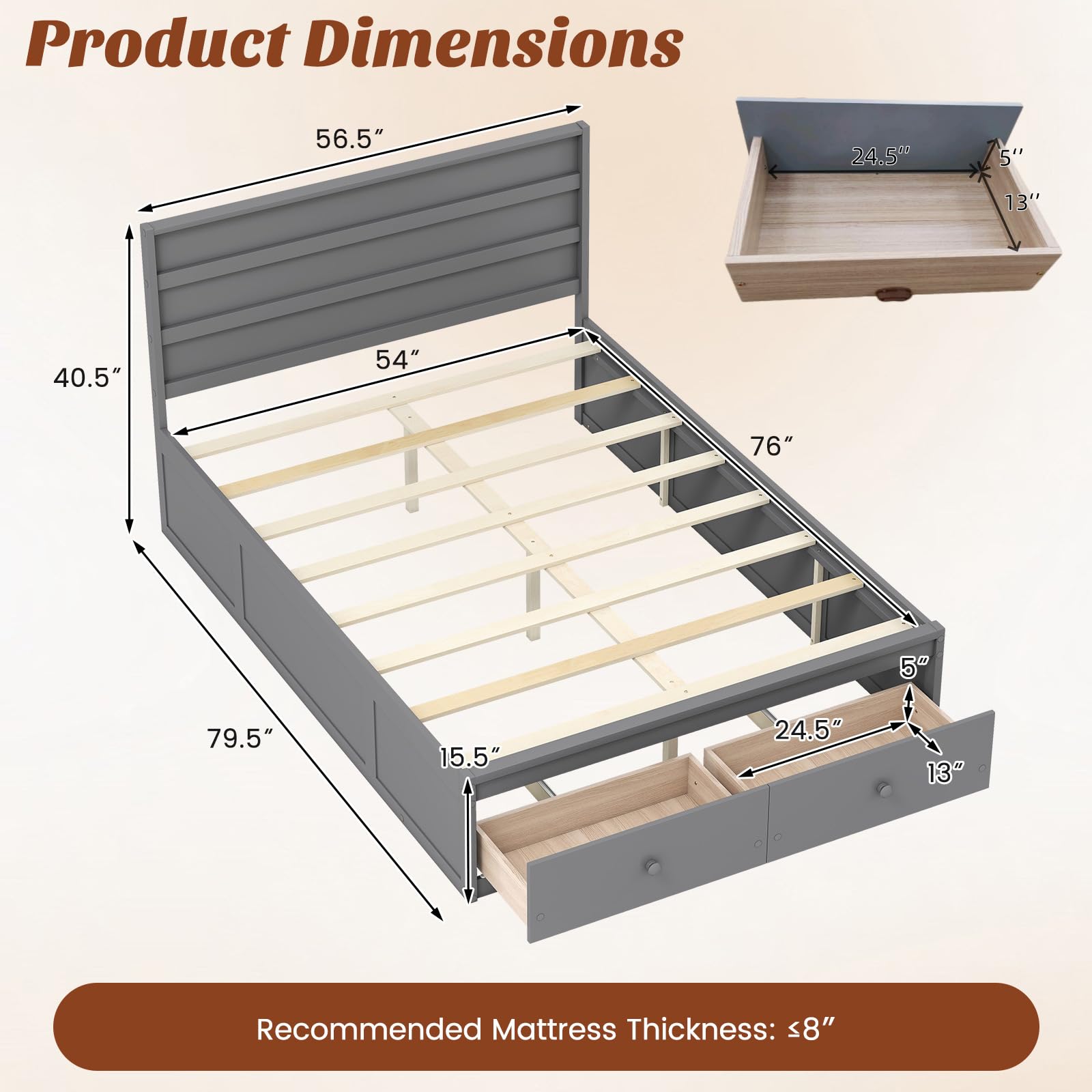 KOMFOTT Twin/Full Size Bed Frame with 2 Storage Drawers