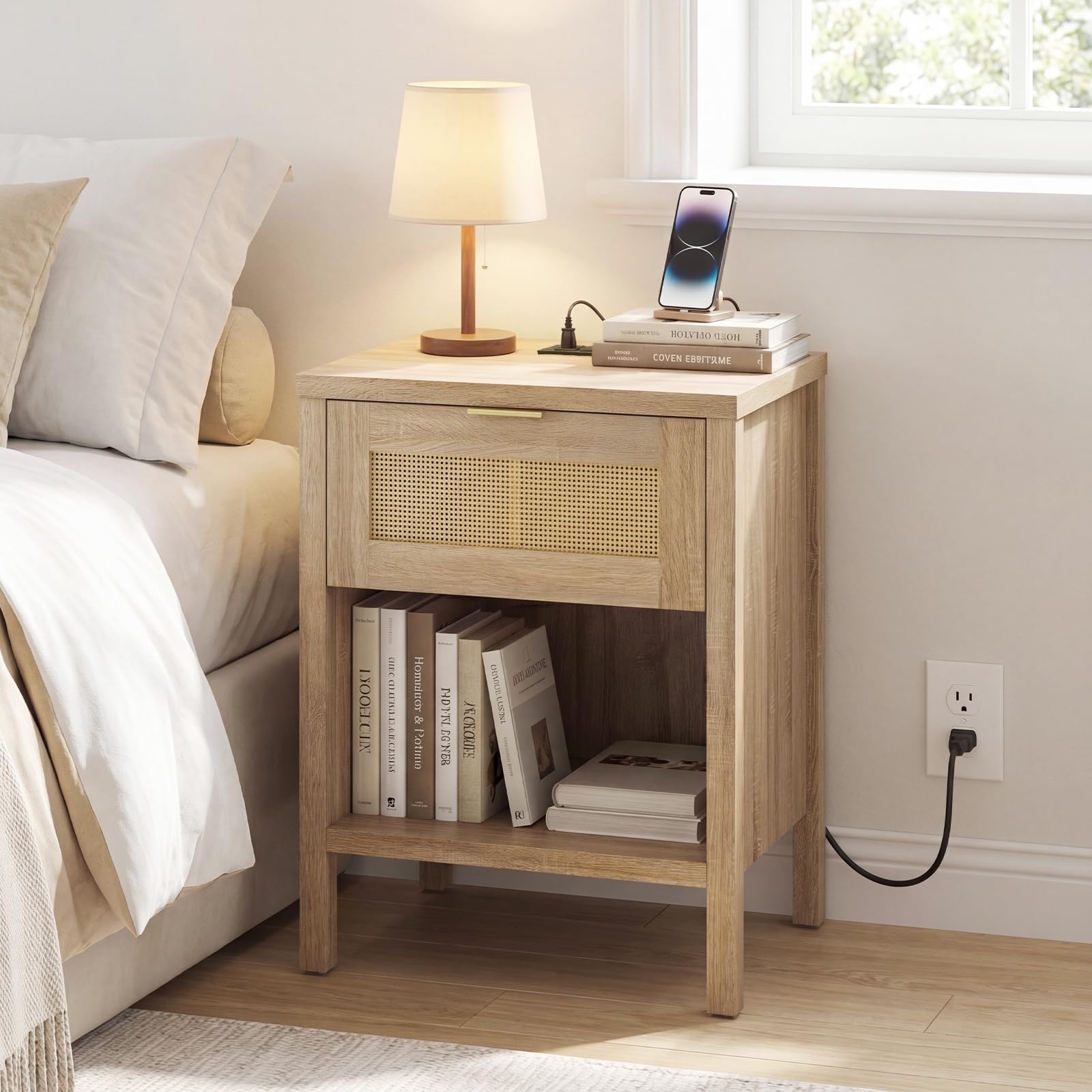 KOMFOTT Rattan Nightstand with Charging Station