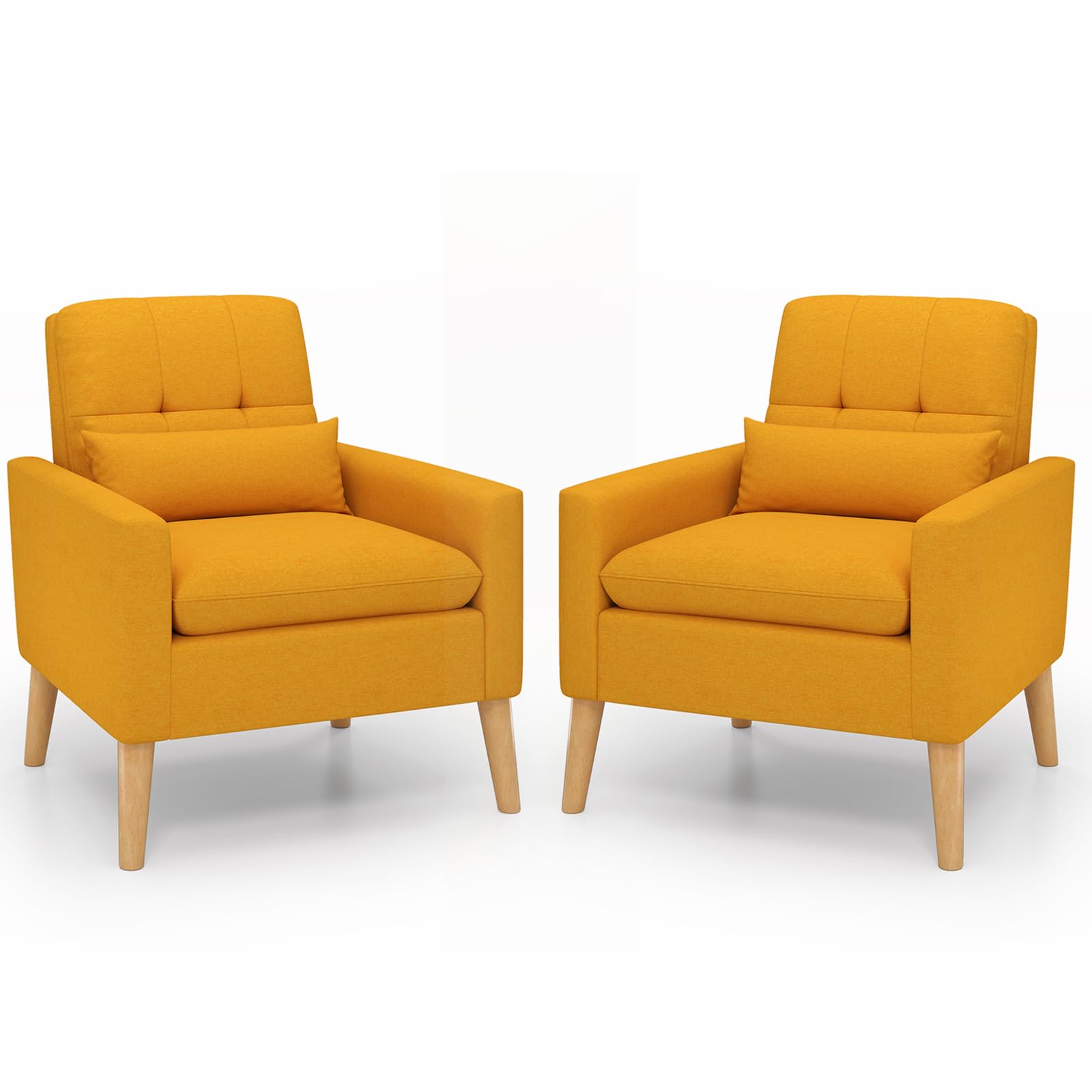 KOMFOTT Modern Linen Accent Chair, Upholstered Tufted Armchair with Lumbar Pillow, Rubber Wood Legs, Padded Cushion