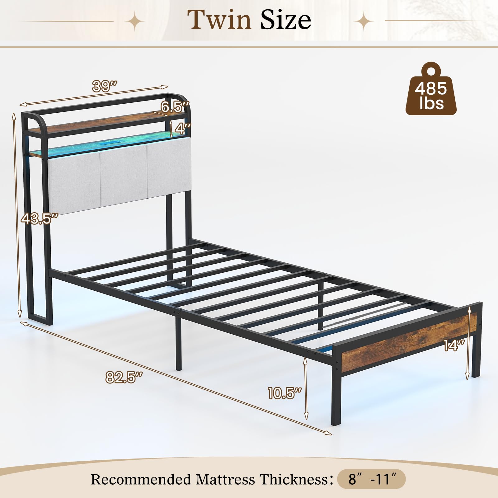 KOMFOTT Metal Bed Frame with Charging Station