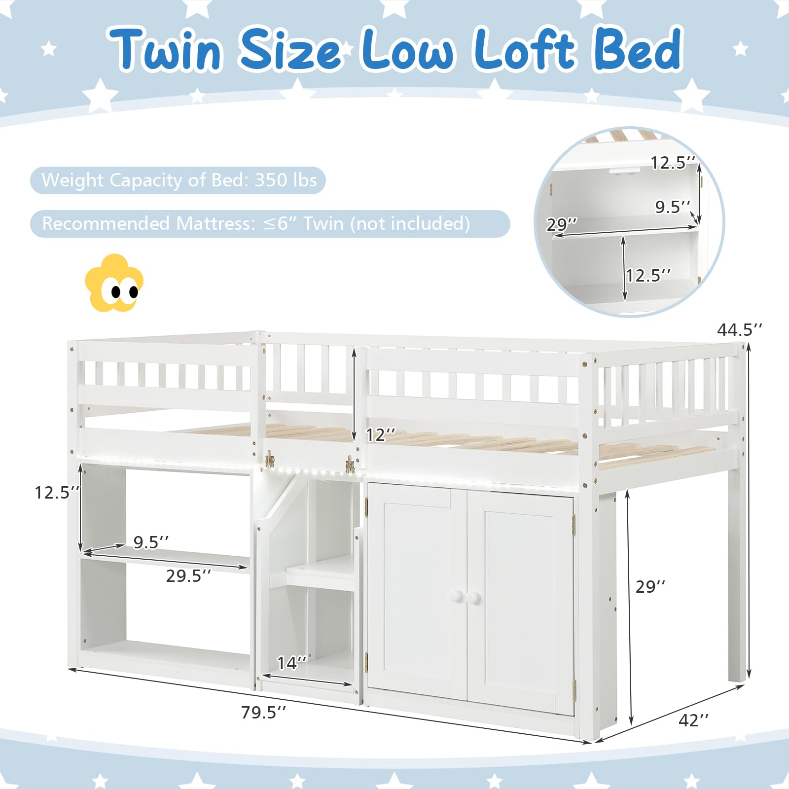 KOMFOTT Twin Size Low Loft Bed with LED Light Stairs & Guardrails