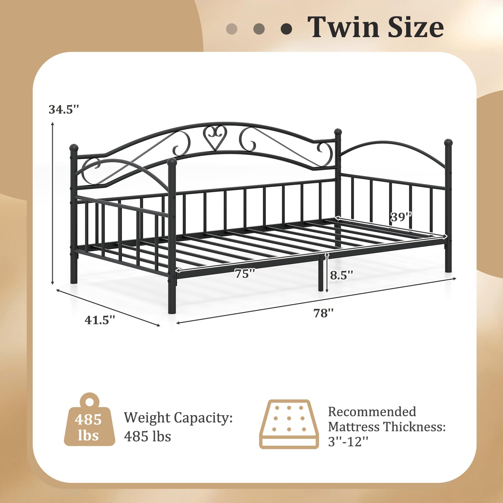 KOMFOTT Twin Size Metal Daybed Frame Sofa Bed with Headboard