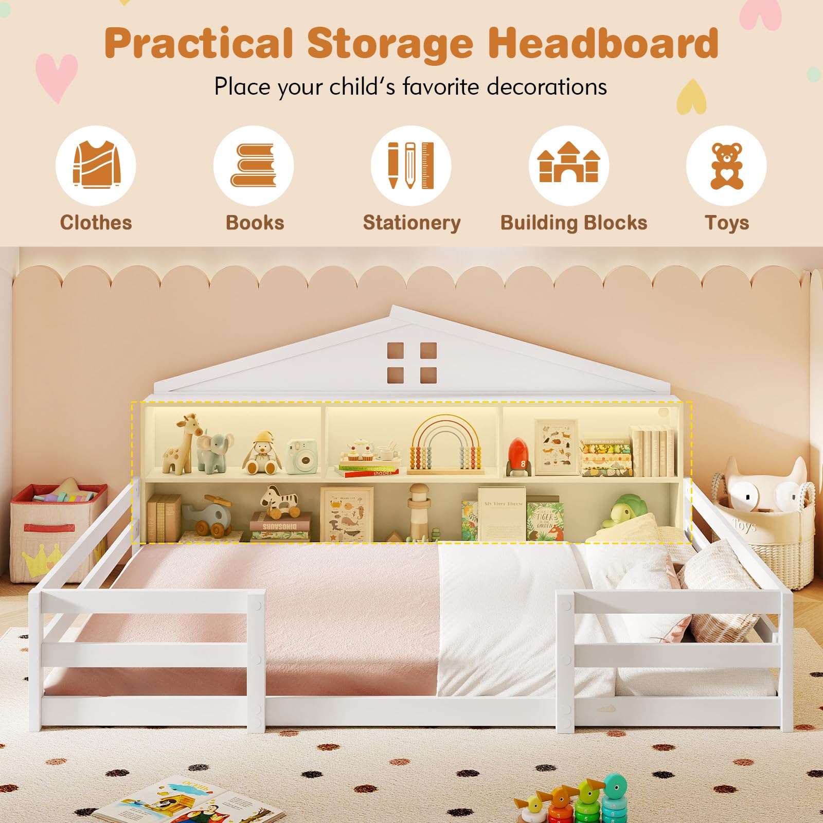 KOMFOTT Twin/Full Floor Bed with Bookcase & LED Light & Fence