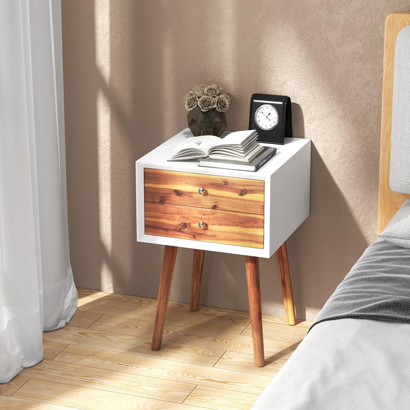 KOMFOTT 2-Drawer Nightstand, Mid-Century Modern Bed Side Table with Storage