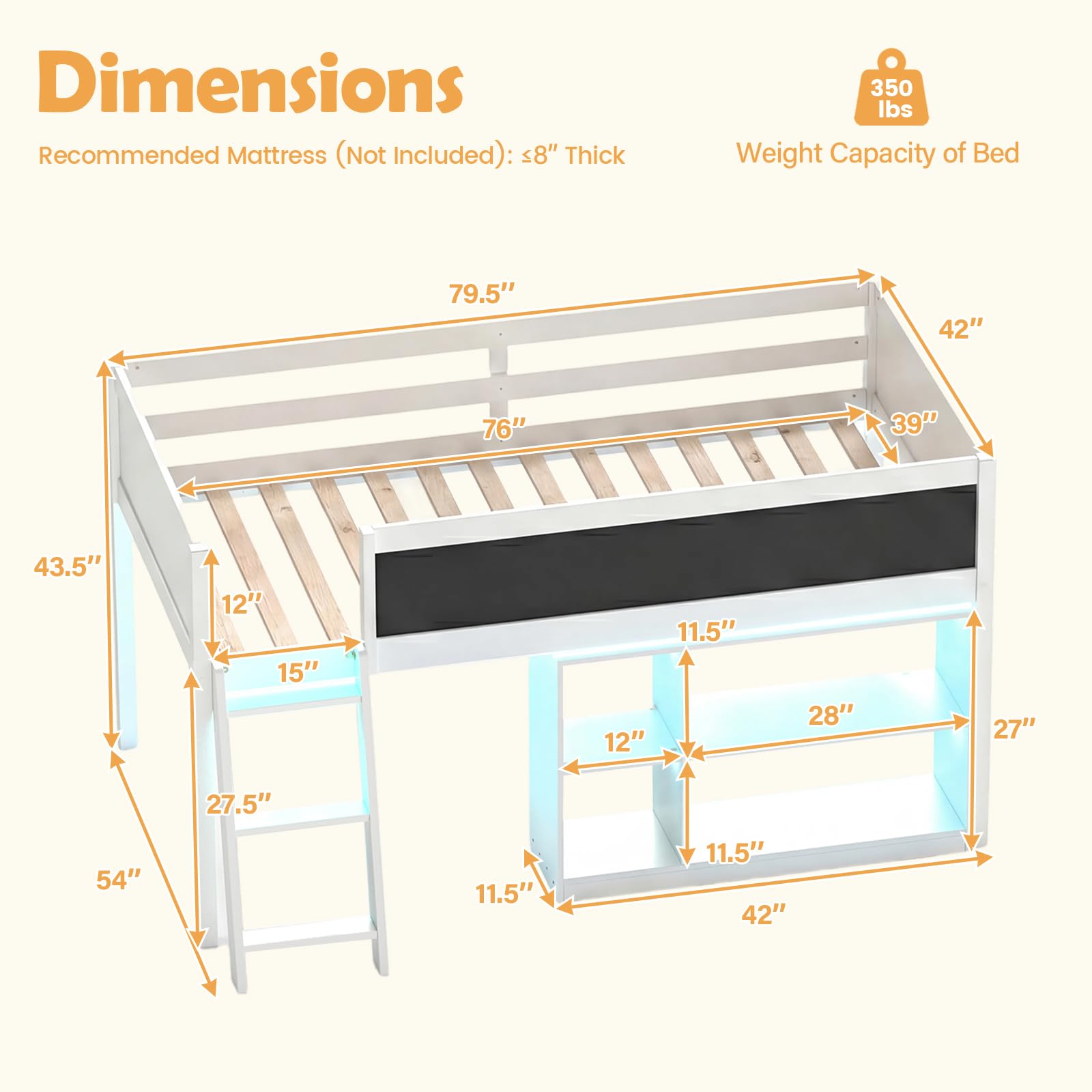 KOMFOTT Twin Size Low Loft Bed with LED Lights