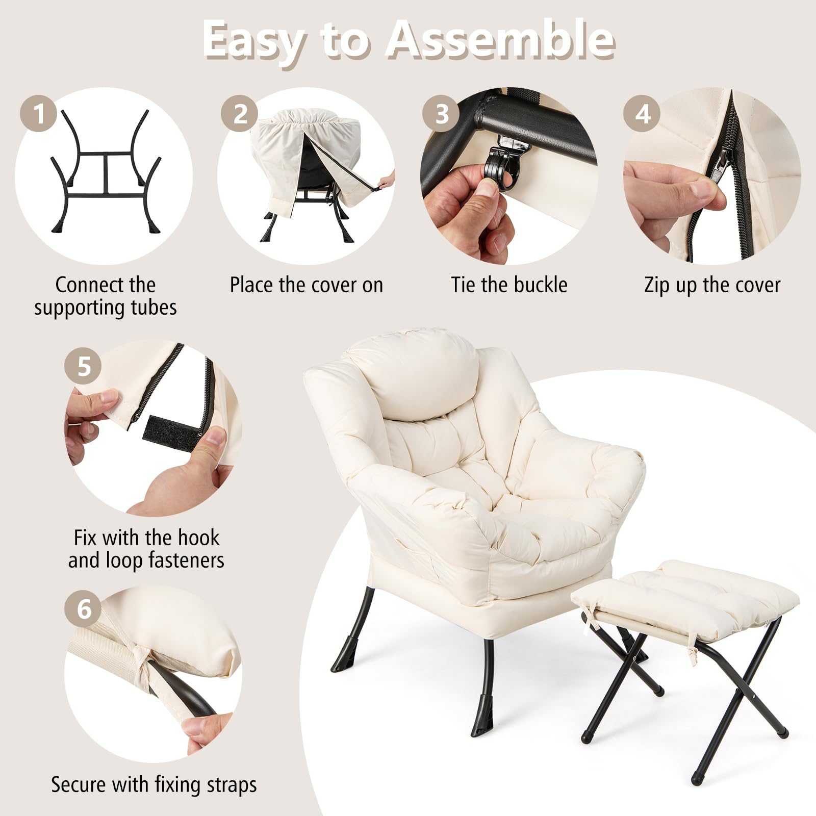 KOMFOTT Lazy Sofa Chair with Ottoman, Upholstered Leisure Lounge Armchair with Folding Footrest, Side Storage Pocket