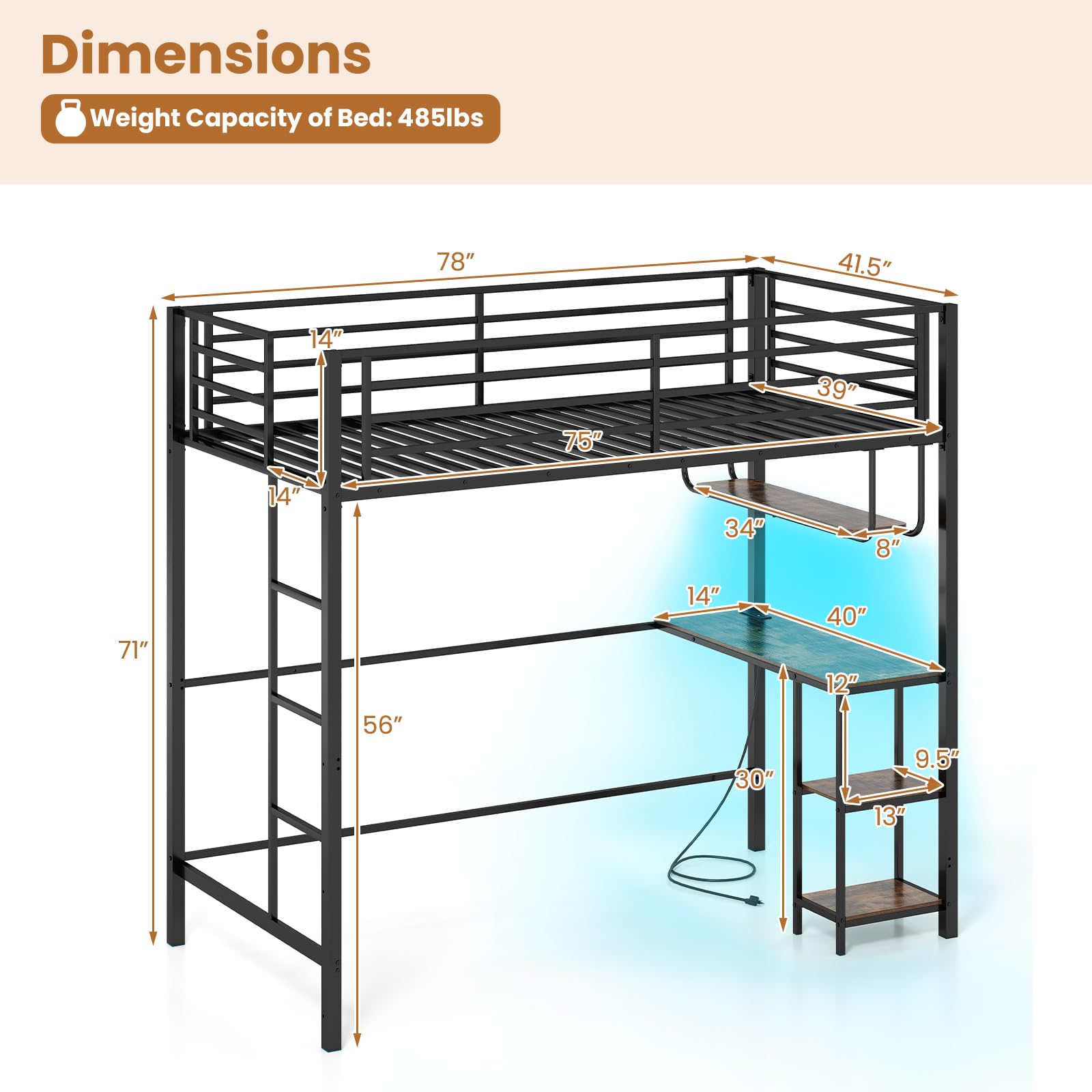 KOMFOTT Twin Loft Bed with Desk LED Lights Charging Station