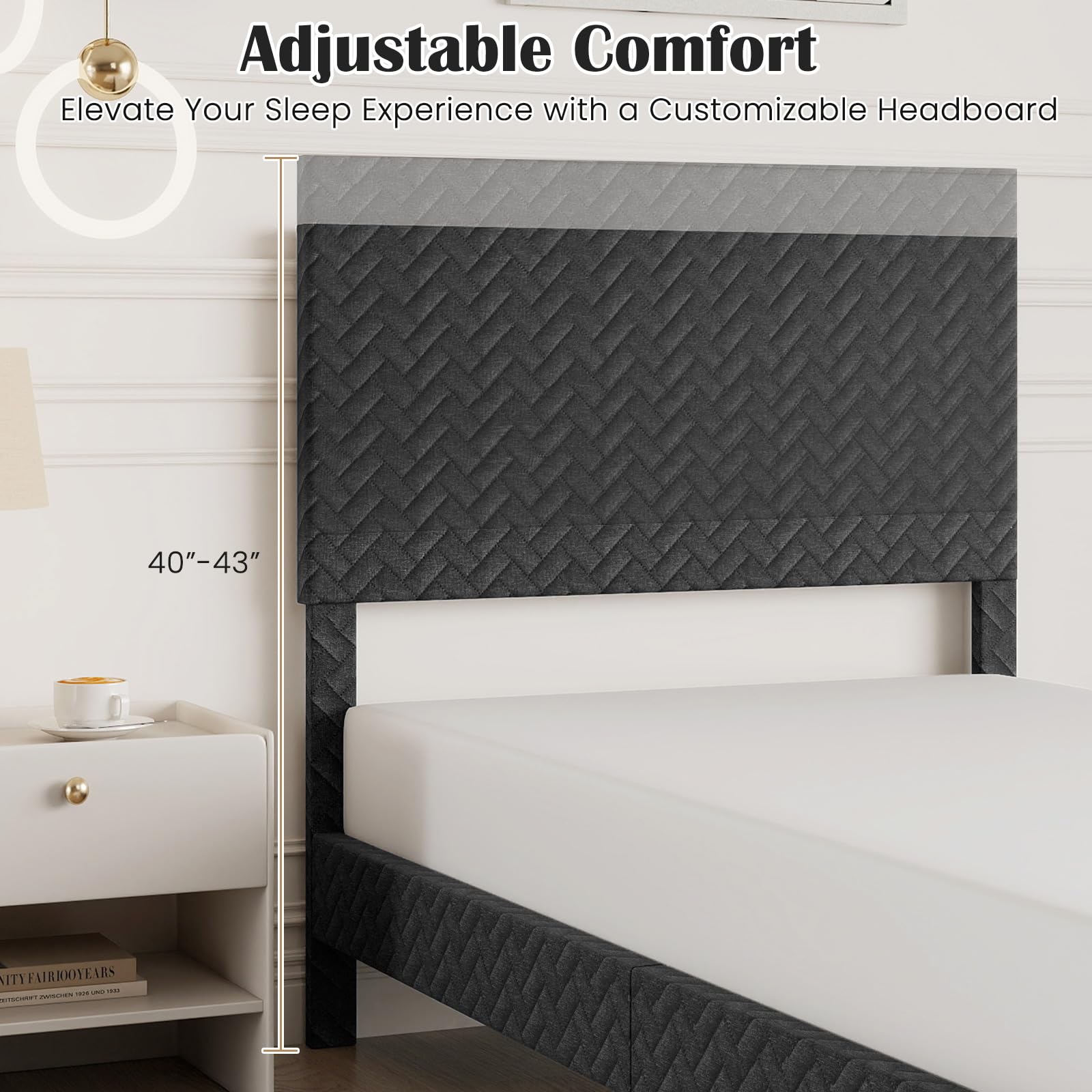 KOMFOTT Bed Frame with Height Adjustable Linen Headboard