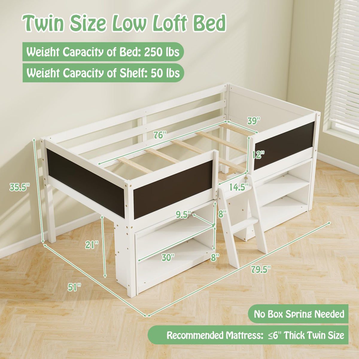 KOMFOTT Twin Size Low Loft Bed with Movable Storage Shelves, Chalkboard & Ladder
