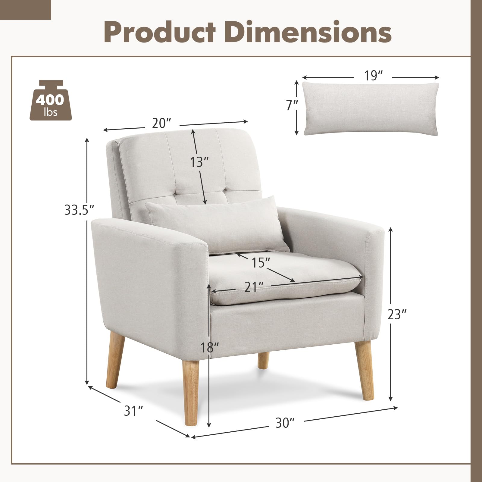 KOMFOTT Modern Linen Accent Chair, Upholstered Tufted Armchair with Lumbar Pillow, Rubber Wood Legs, Padded Cushion