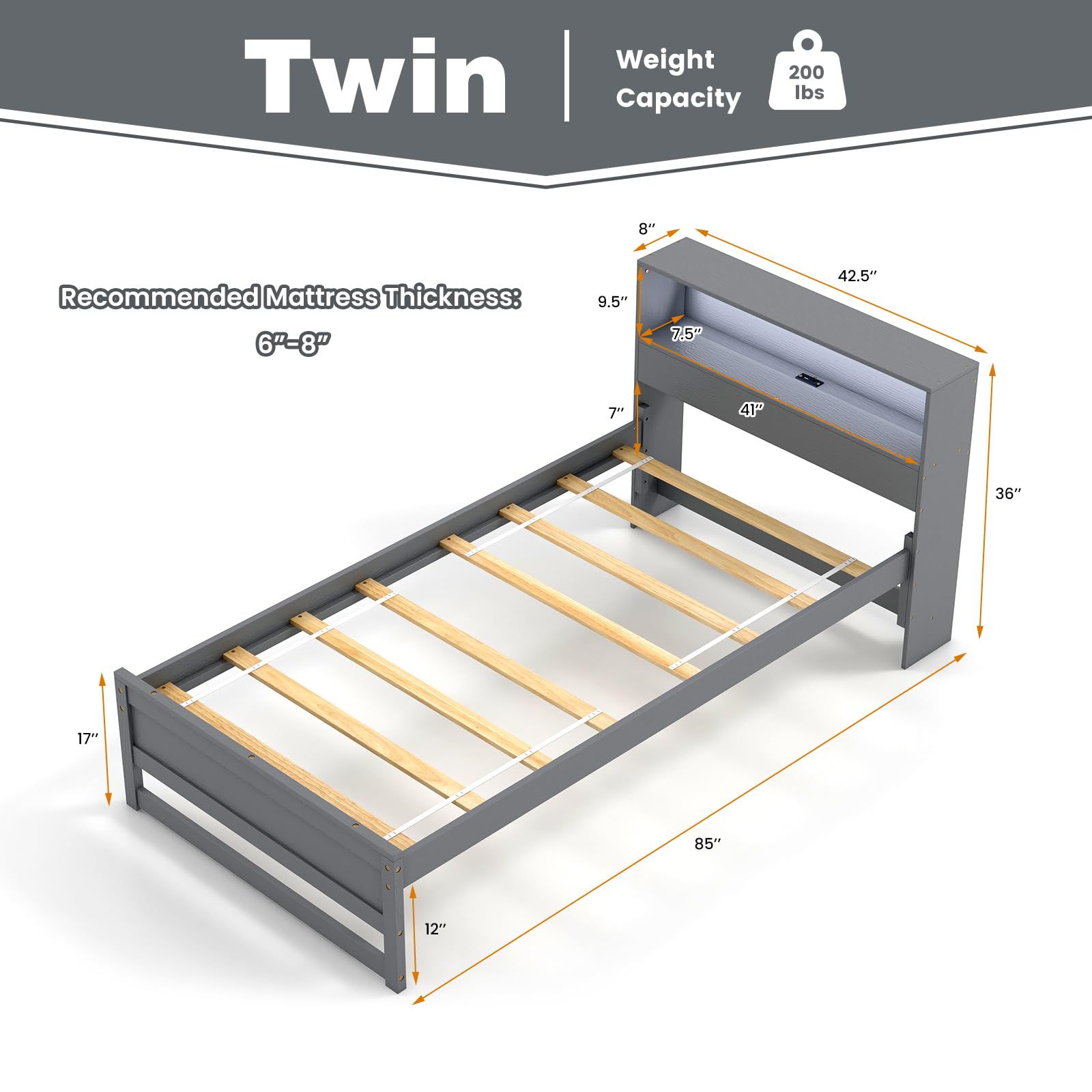 KOMFOTT Twin Size Wood Platform Bed Frame with Charging Station & LED Light
