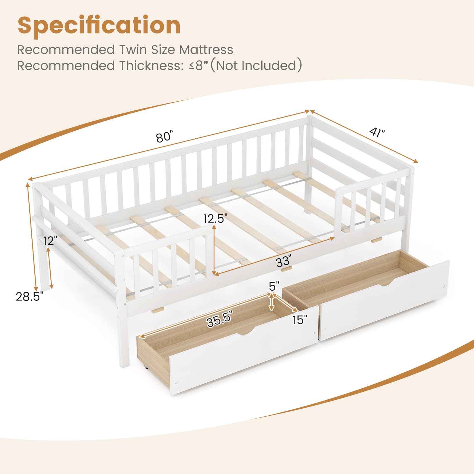 KOMFOTT Wood Twin Bed Frame with Fence Rails & 2 Pull-Out Drawers