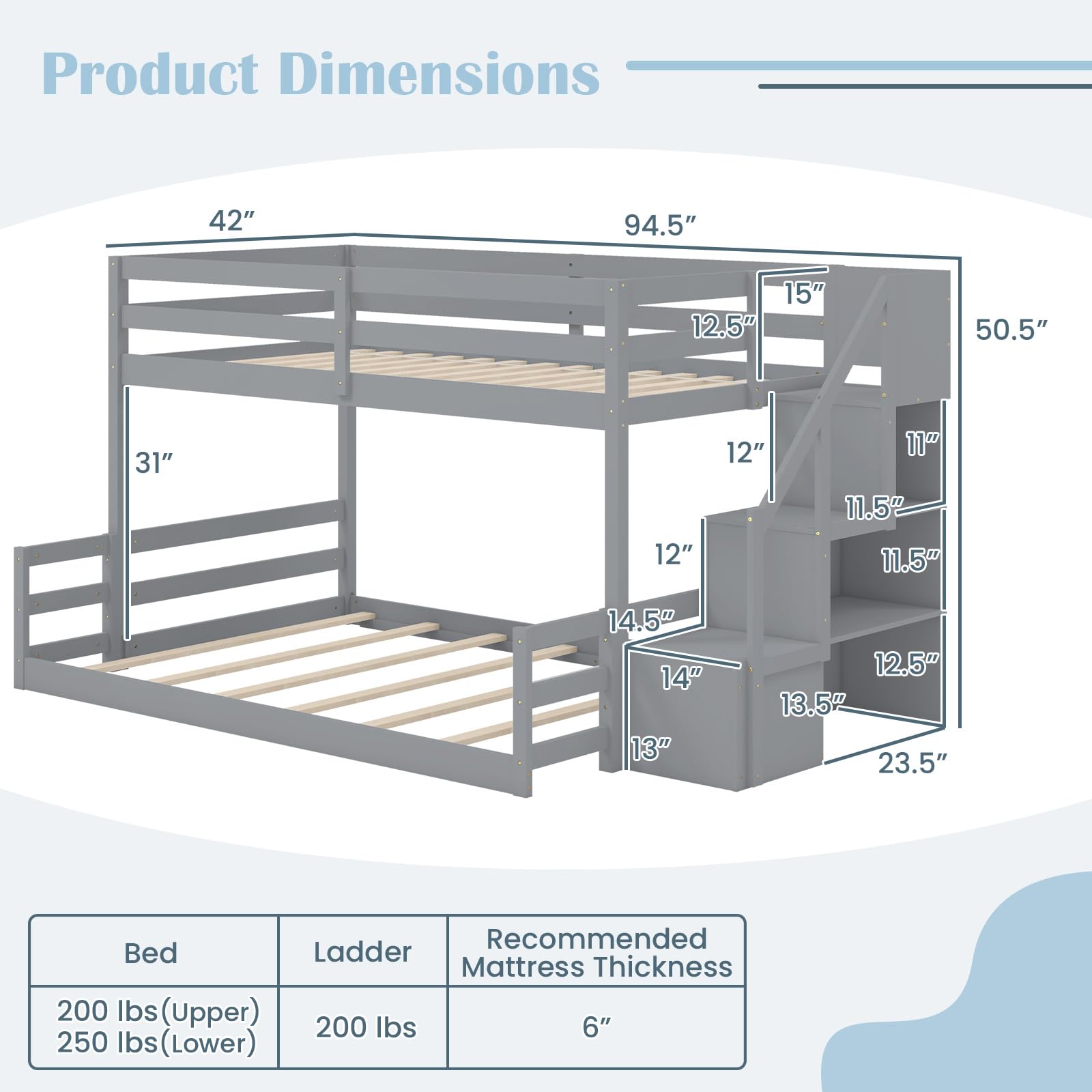 KOMFOTT Bunk Bed with Stairs, Solid Wood Floor Bunk Bed with Storage Staircase & Full-Length Guardrails