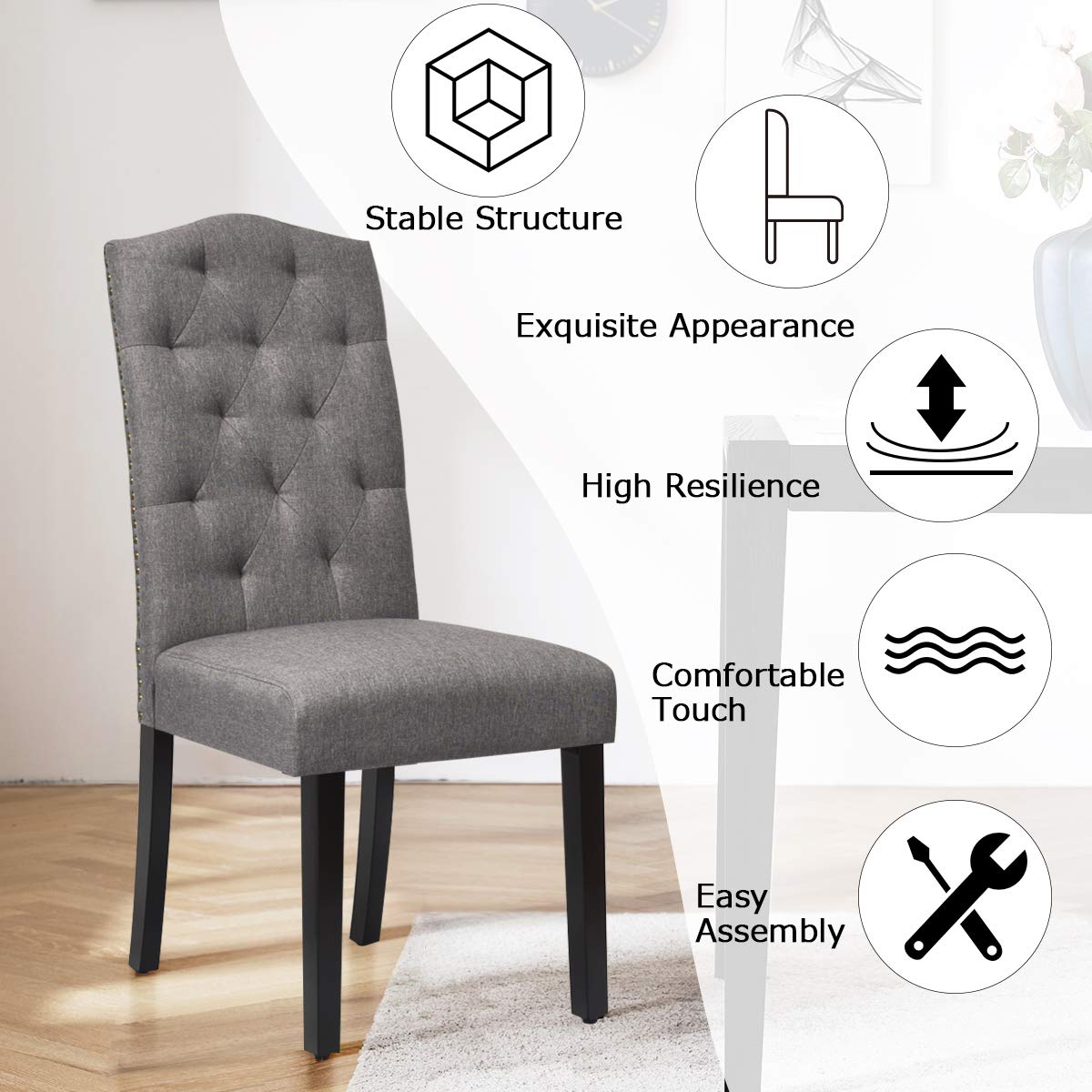 KOMFOTT Set of 2/4 Tufted Fabric Dining Chairs with Padded Seat and Tall Backrest