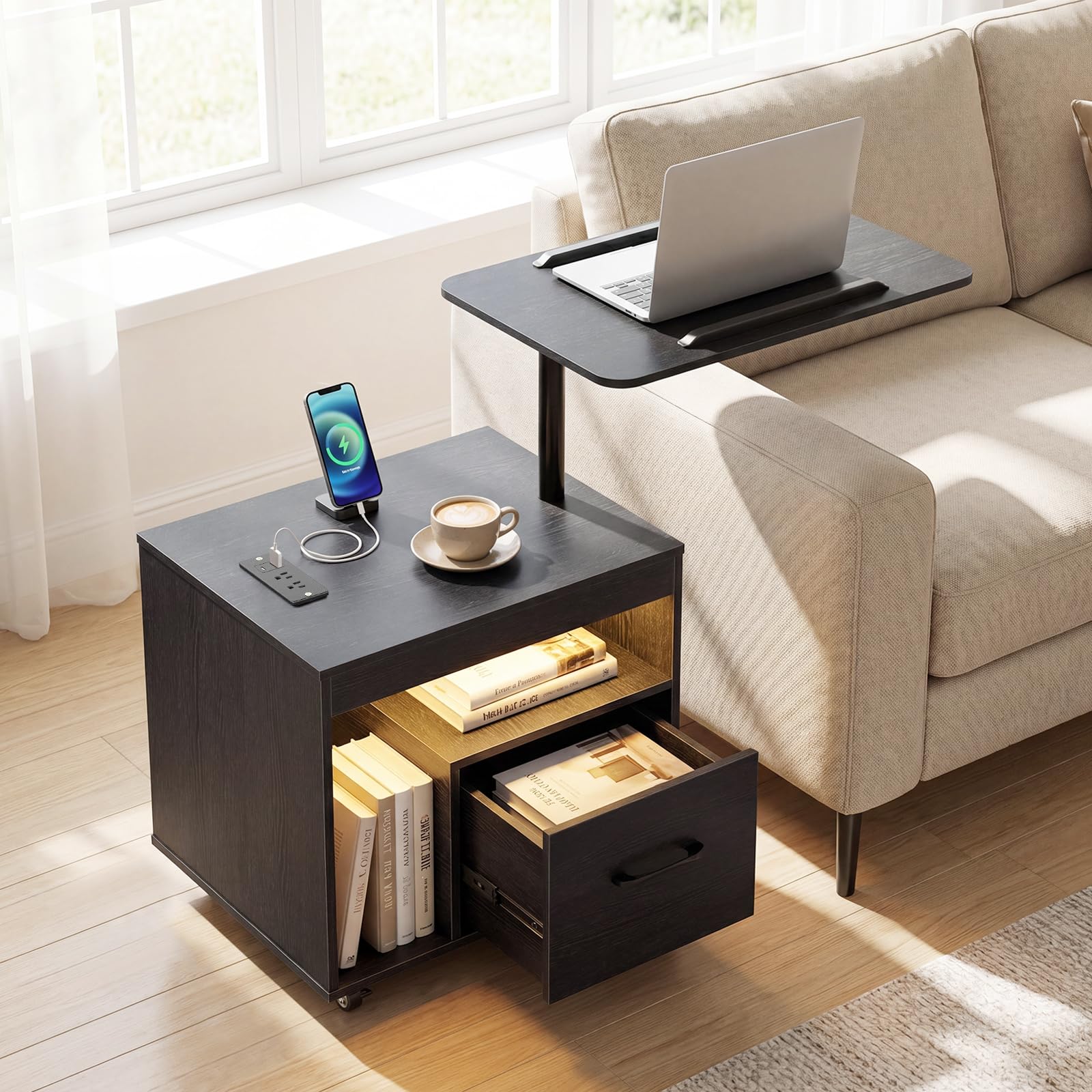 KOMFOTT LED Nightstand with Charging Station Modern Bedside Table(23.5" x 16" x 29.5")