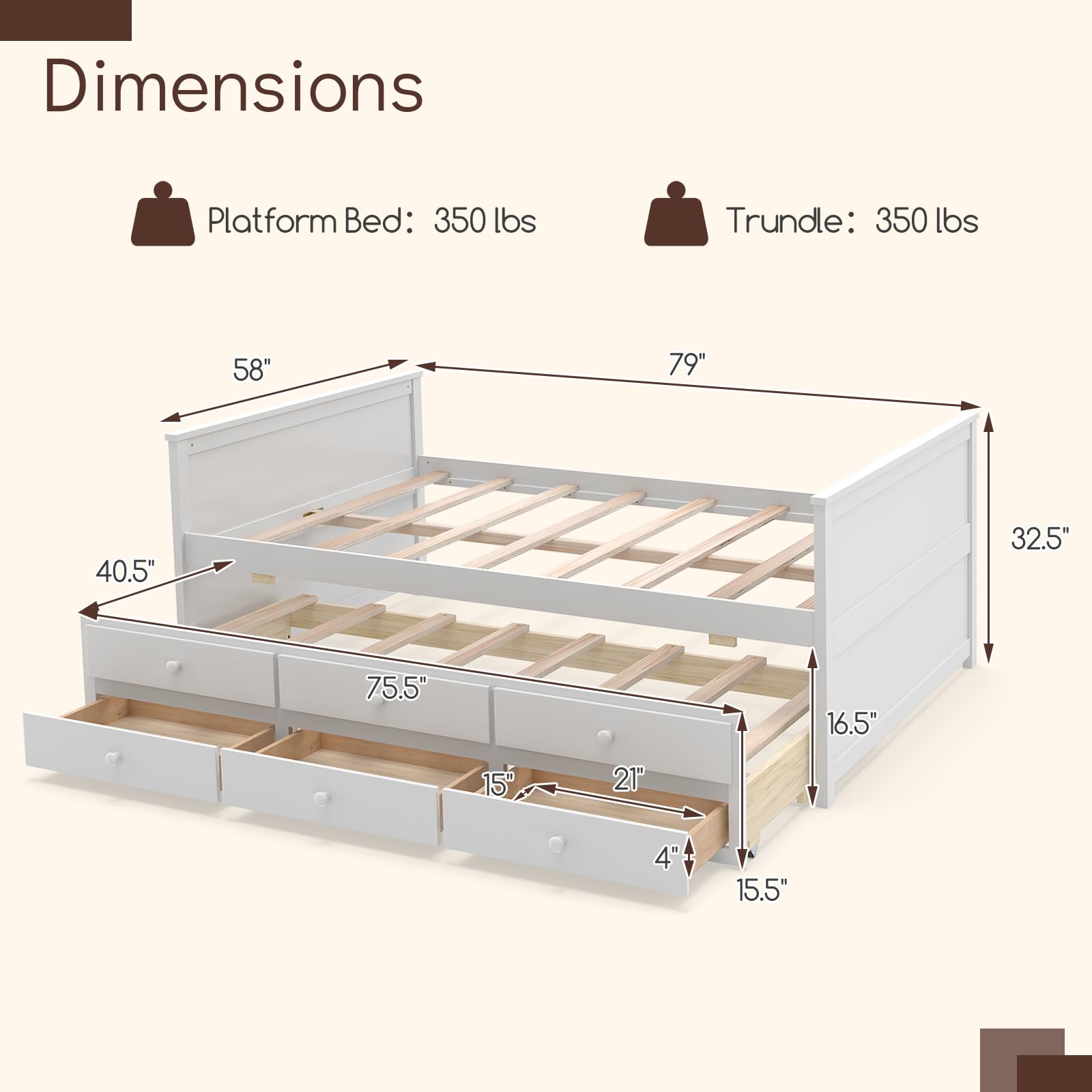 KOMFOTT Wood Full Trundle Bed with 3 Storage Drawers