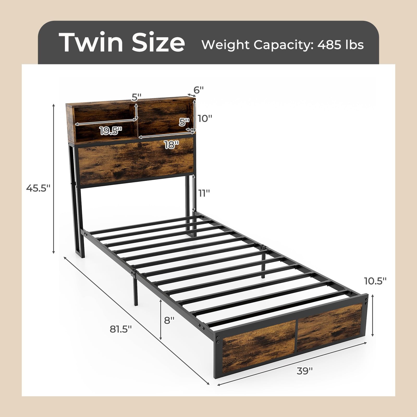 KOMFOTT Metal Platform Bed Frame with Storage Headboard & Charging Station