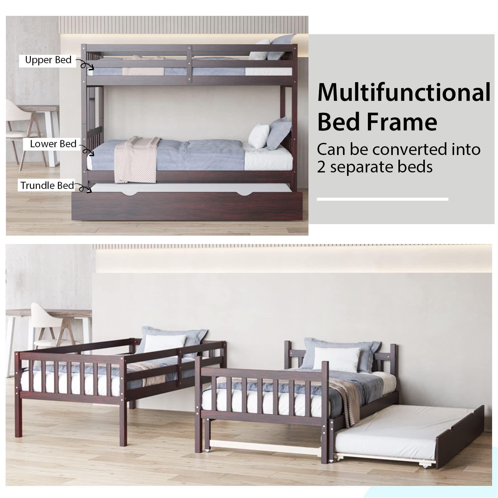 KOMFOTT Twin Over Full Bunk Bed with Trundle,  Extendable Twin/Full/Queen/King Bunk Bed
