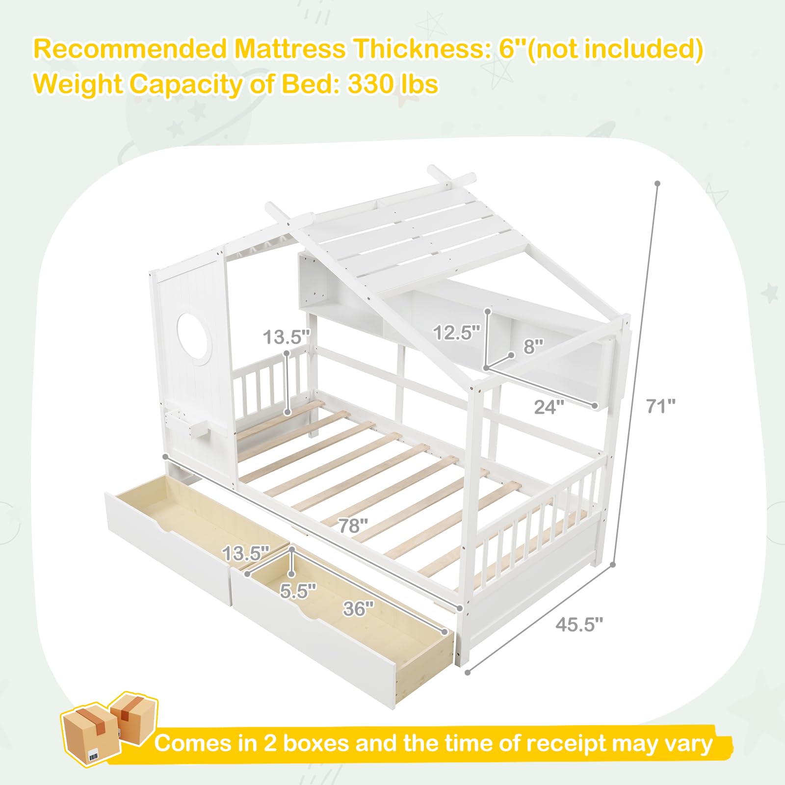 KOMFOTT Twin Size Wood House Bed with 2 Drawers(Twin with Drawers)