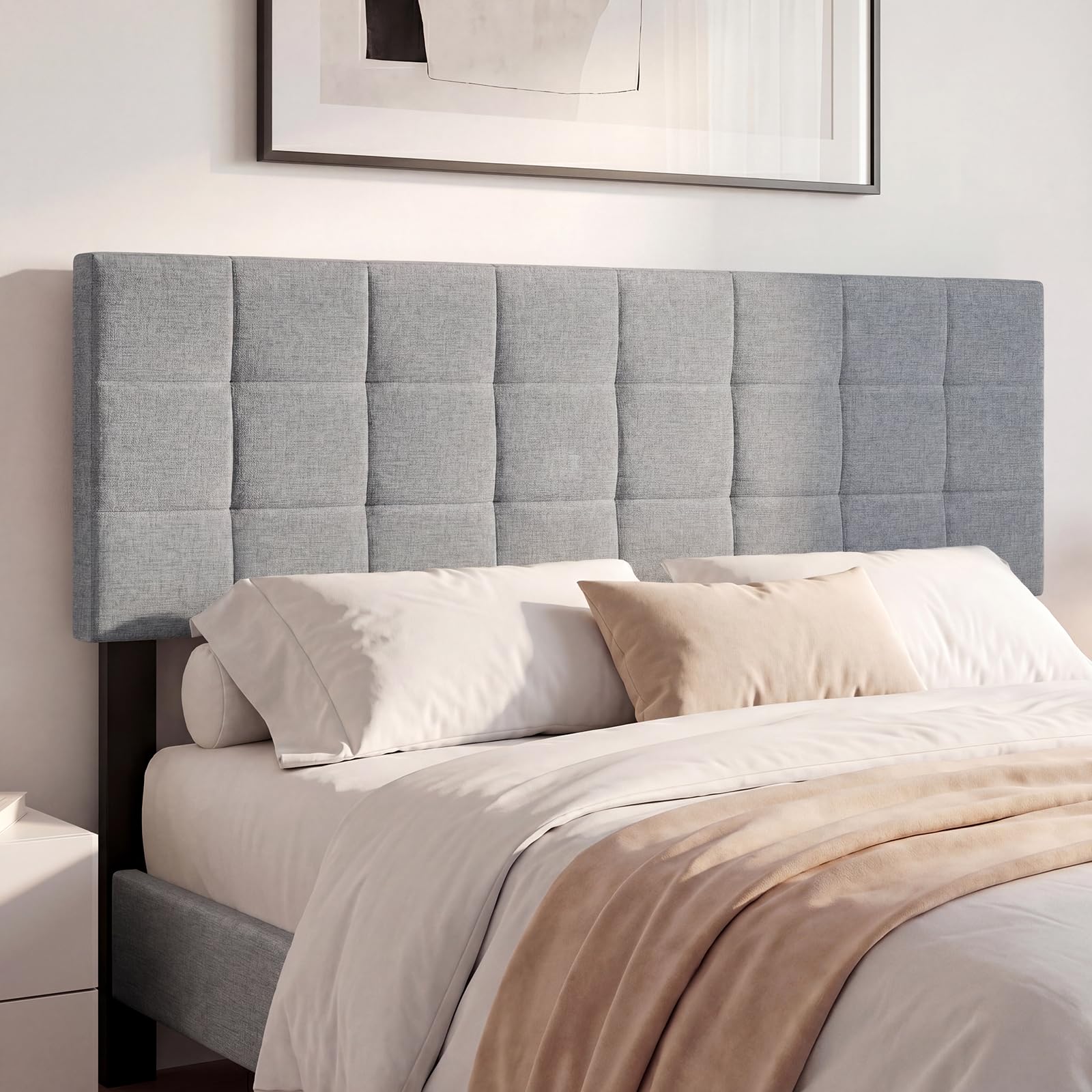 KOMFOTT Linen Upholstered Headboard for Full & Queen Size Bed(Quadrate Channel Tufted)