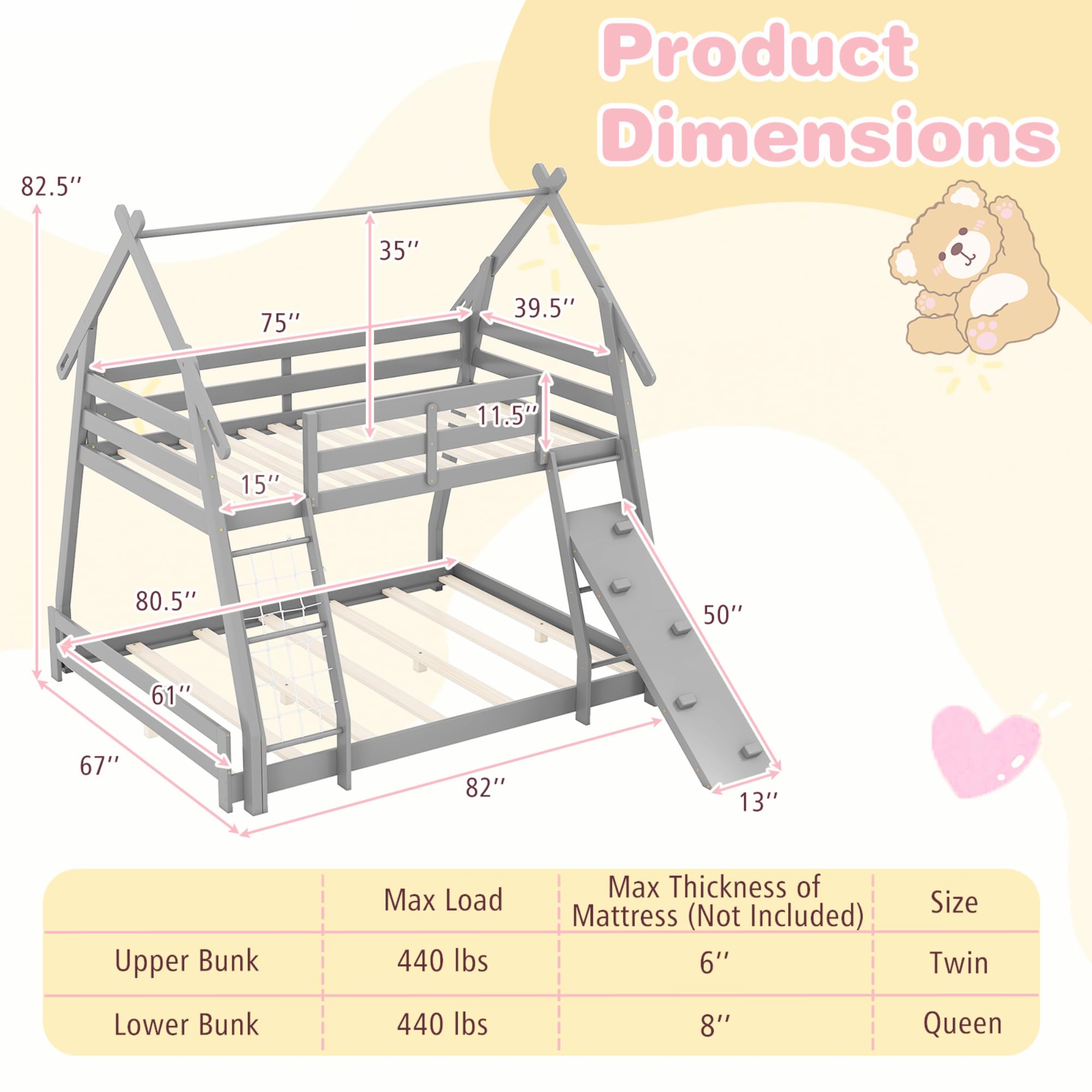 KOMFOTT Wood Twin Over Queen House Bunk Bed