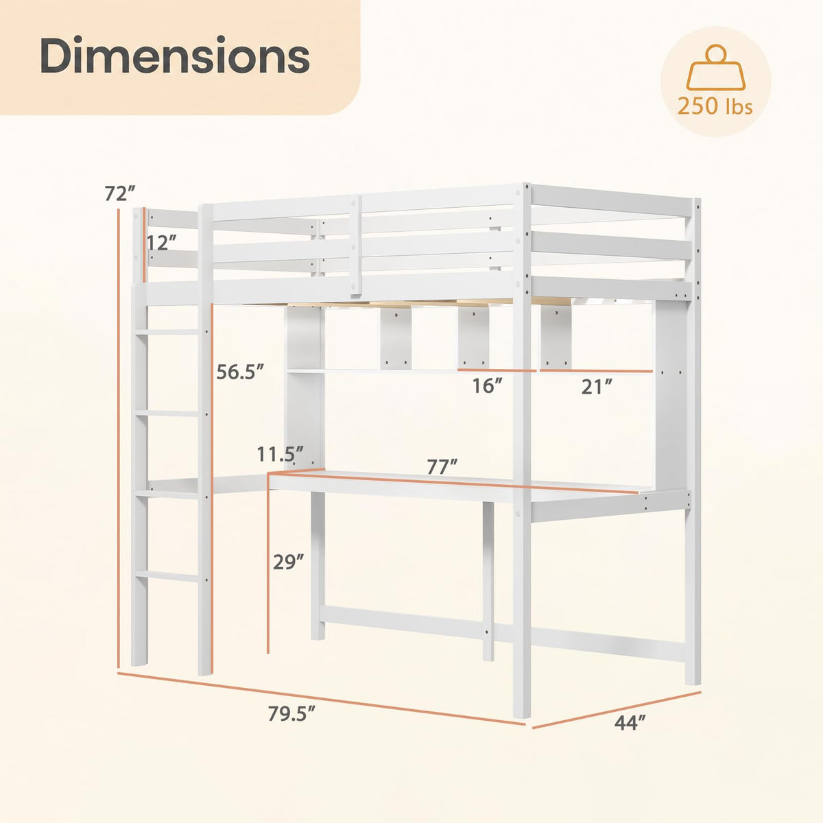 KOMFOTT Loft Bed with Desk & Bookcase Twin Bed Frame ( White )
