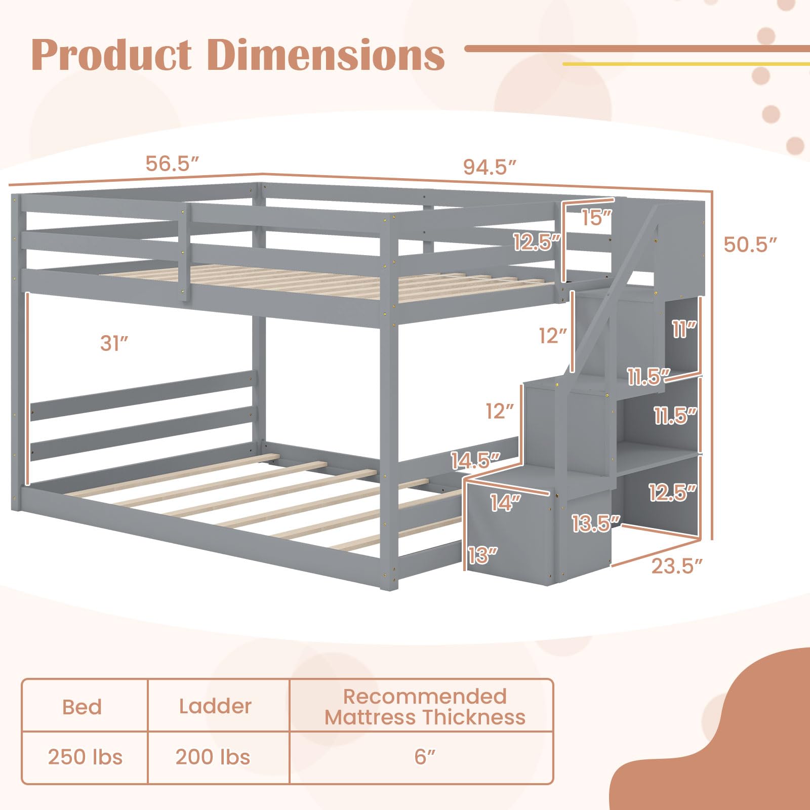 KOMFOTT Bunk Bed with Stairs, Solid Wood Floor Bunk Bed with Storage Staircase & Full-Length Guardrails