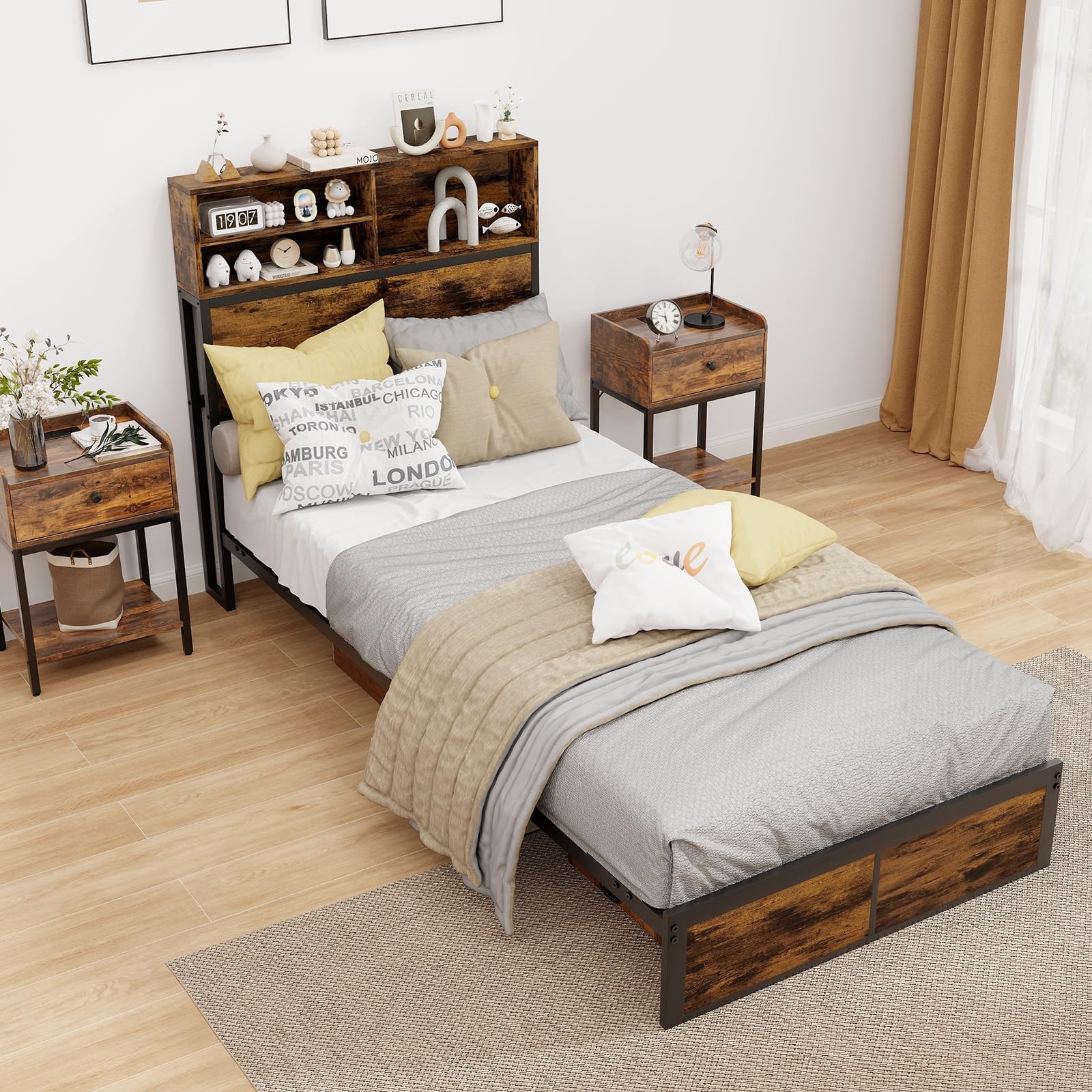 KOMFOTT Metal Platform Bed Frame with Storage Headboard & Charging Station