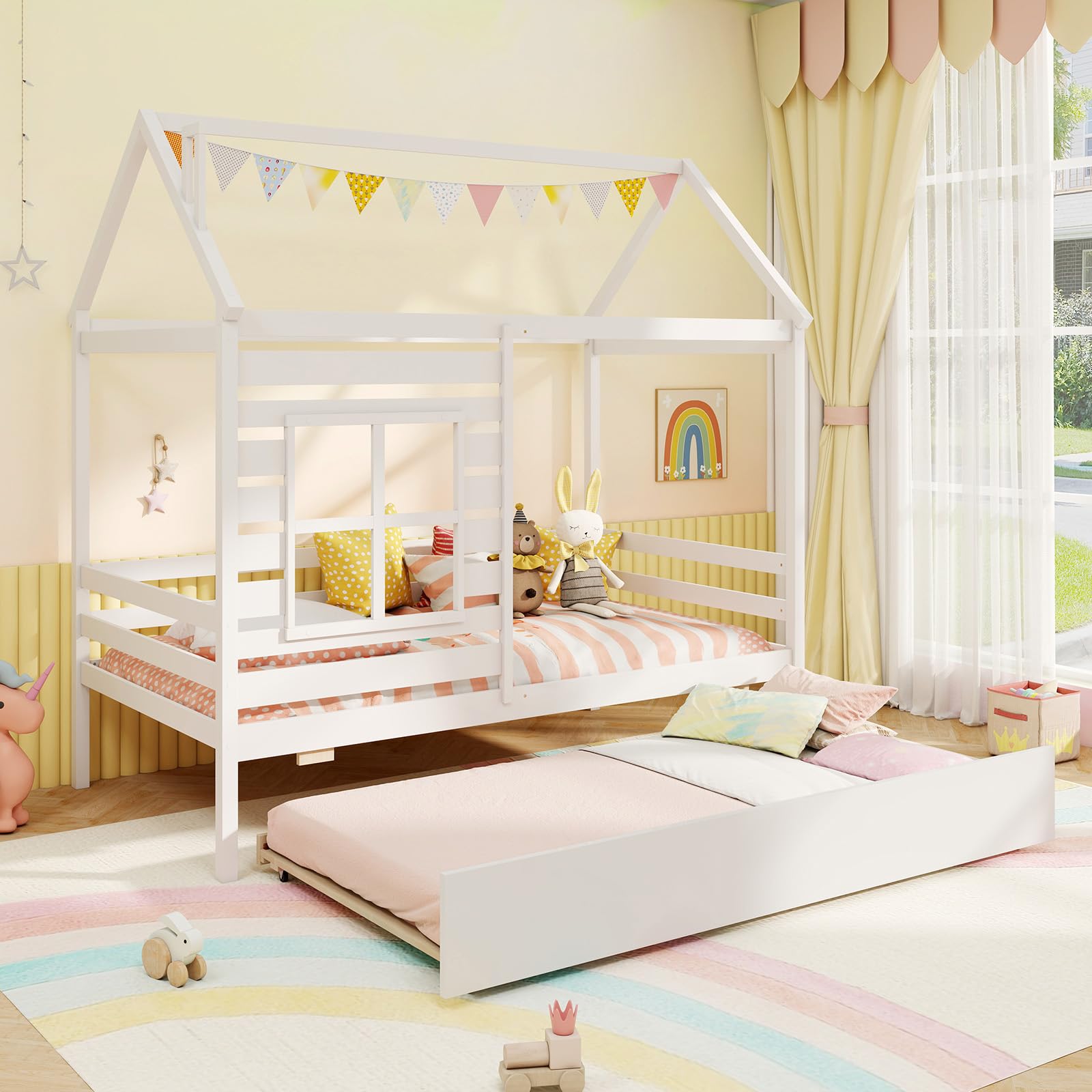 KOMFOTT Wood Twin House Bed with Trundle
