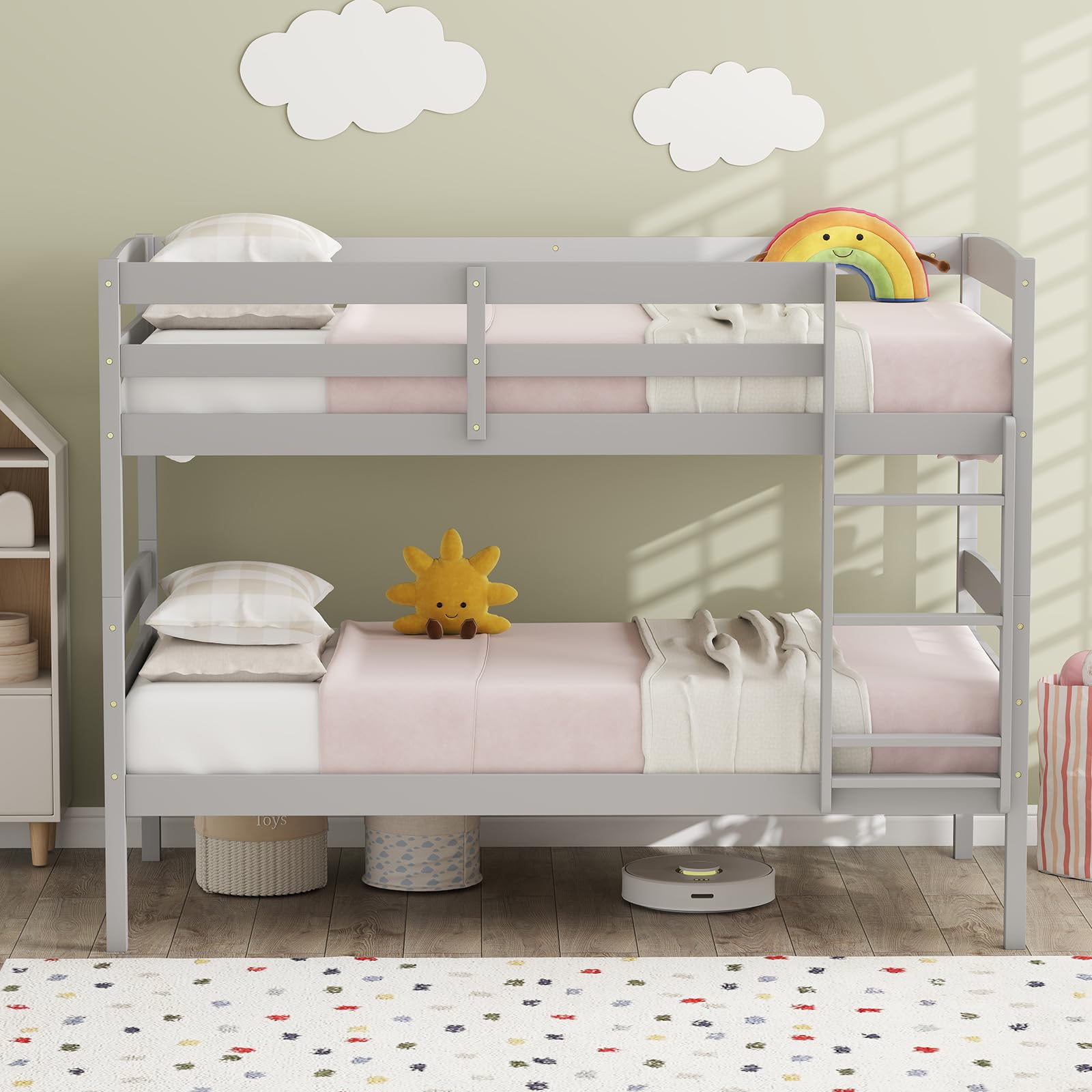 KOMFOTT Twin Over Twin Wood Bunk Bed, Converts to 2 Individual Beds