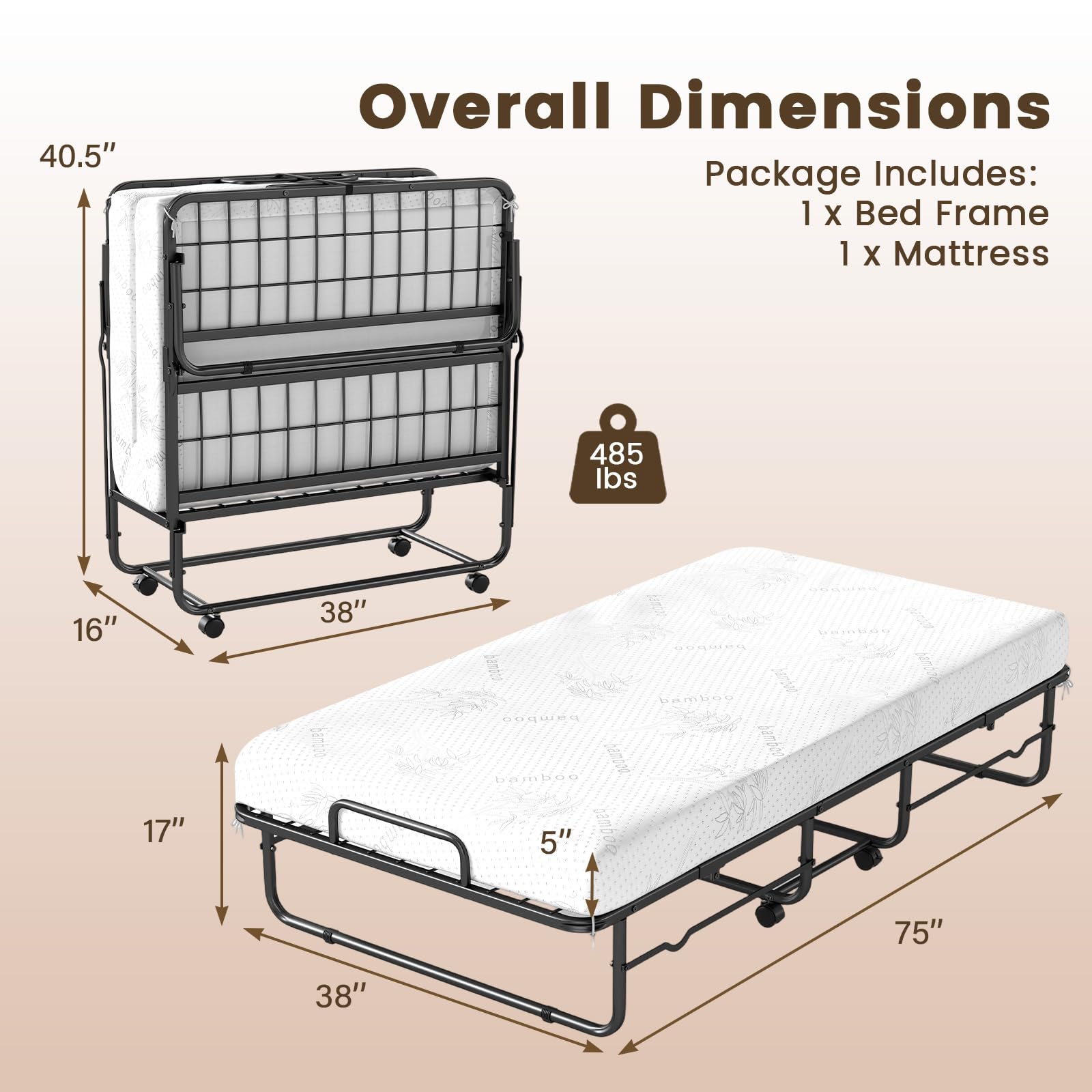 KOMFOTT Twin Size Folding Bed with 5" Mattress（75" x 38"）