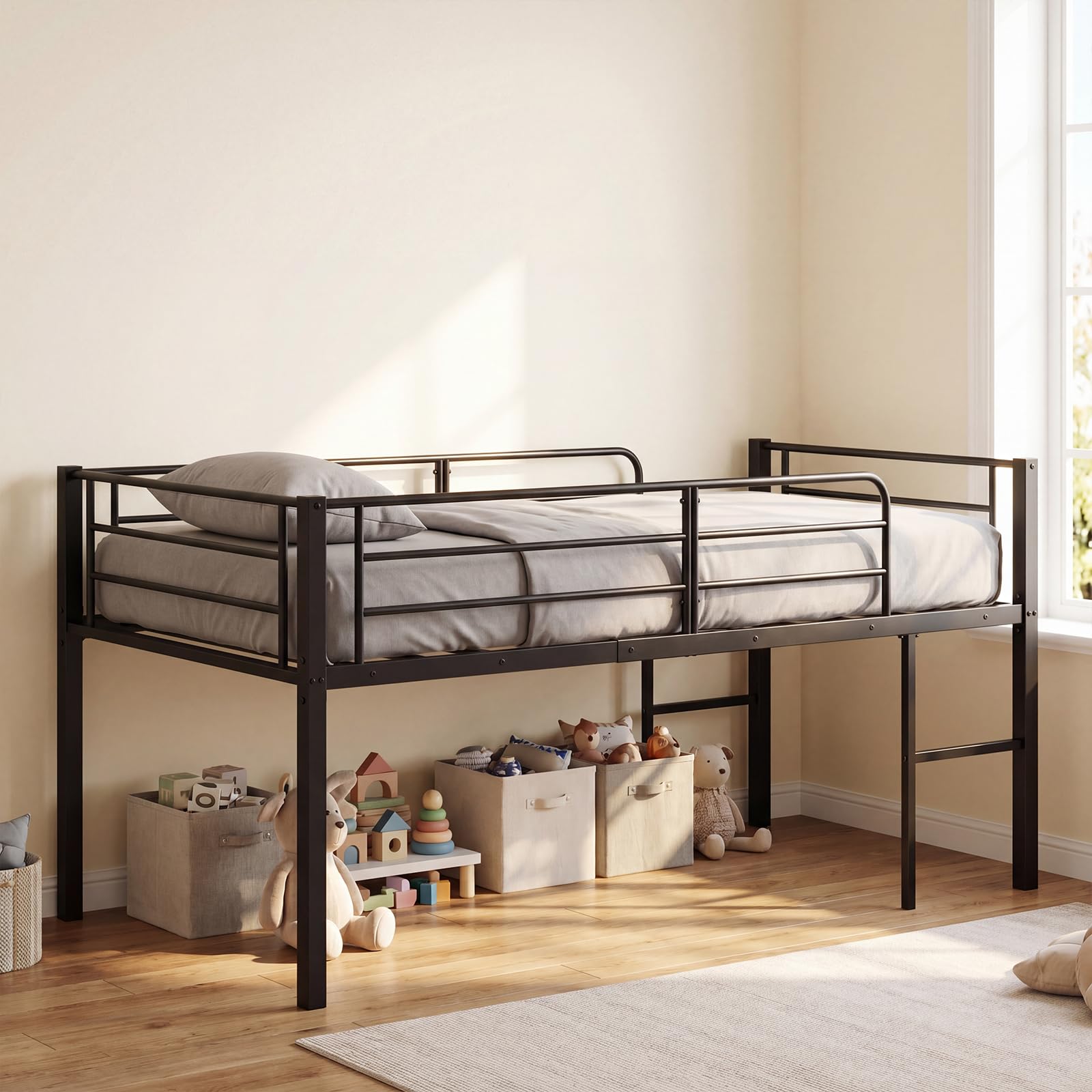 KOMFOTT Twin Size Low Loft Bed Heavy Duty Metal Bed Frame