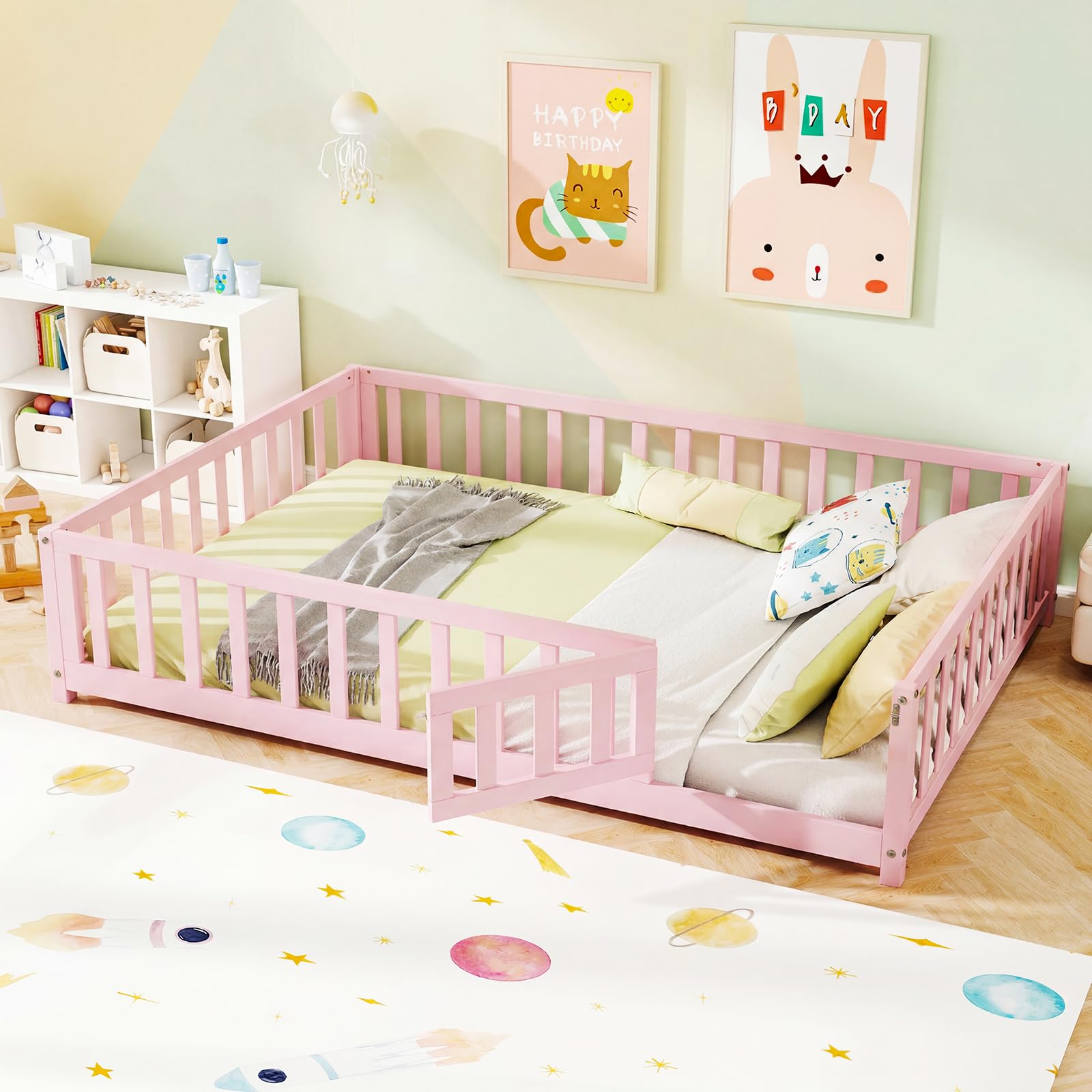 KOMFOTT Full Size Wood Floor Bed with Door & Fence(Full with Slats)