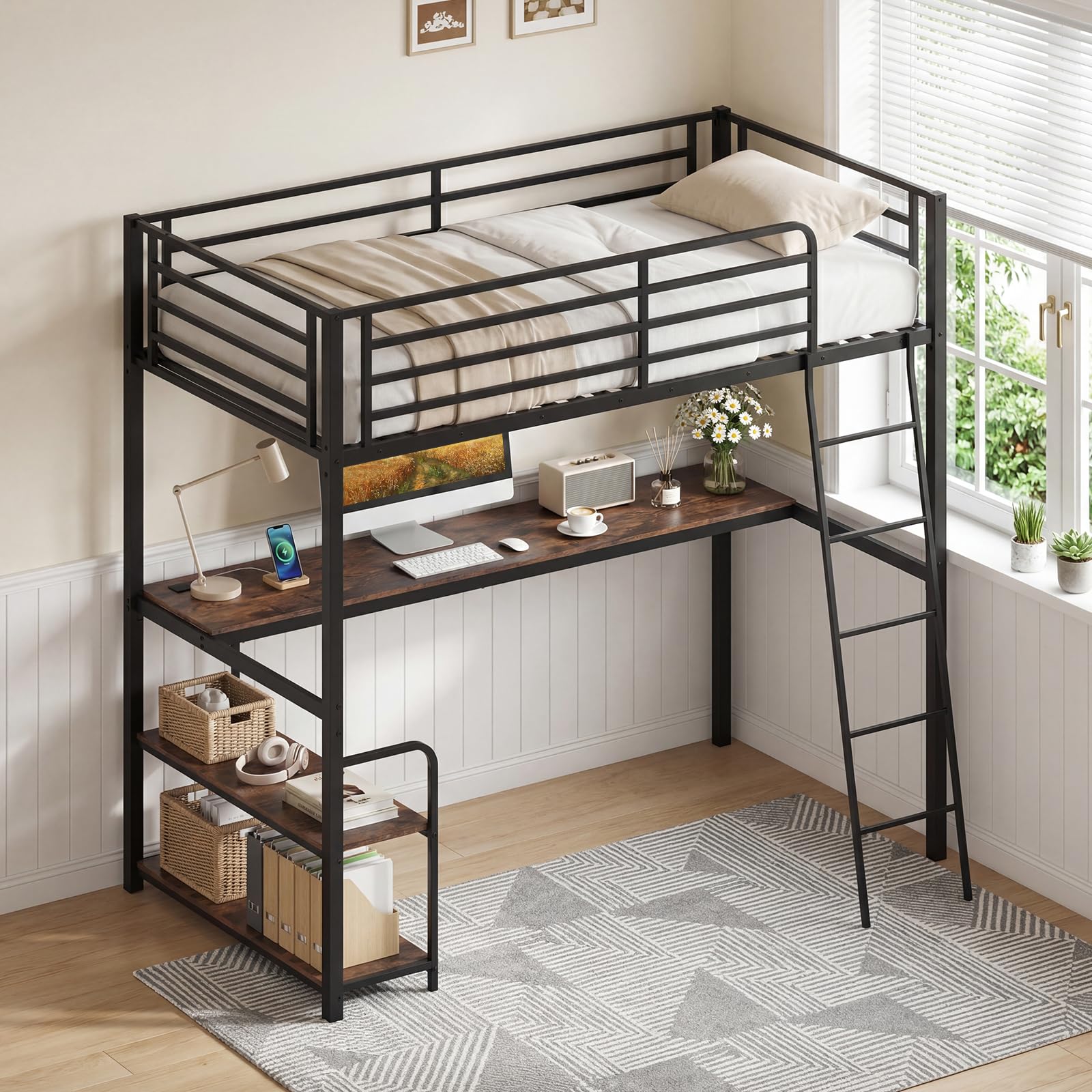KOMFOTT Twin Loft Bed with Desk & Shelves Heavy Duty Metal Bed Frame