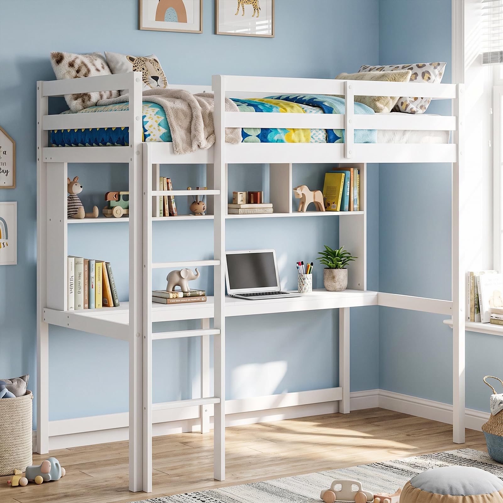 KOMFOTT Loft Bed with Desk & Bookcase Twin Bed Frame ( White )