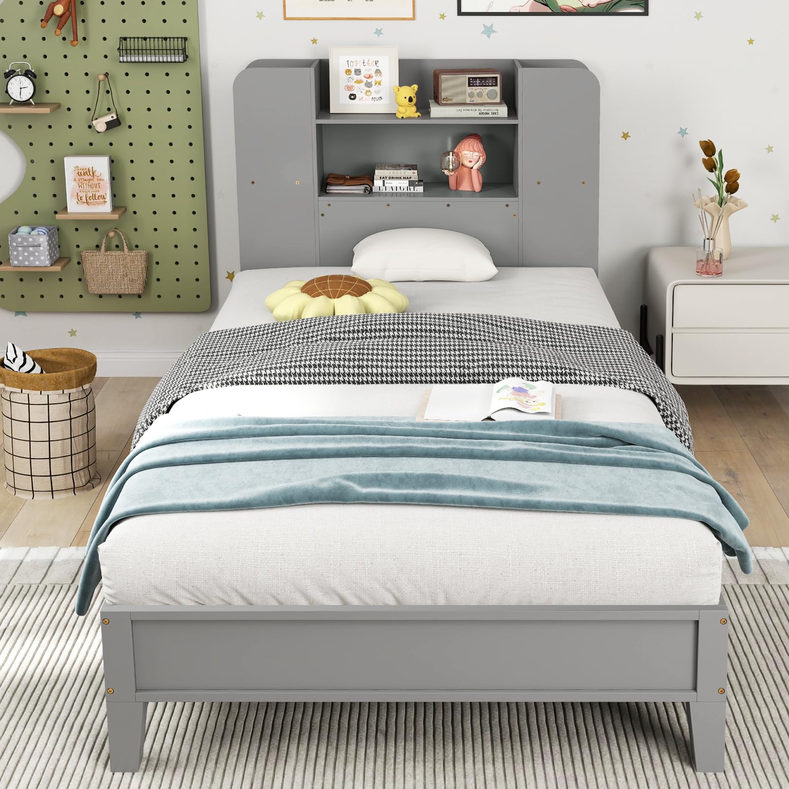 KOMFOTT Twin Wood Platform Bed Frame with Bookcase Headboard