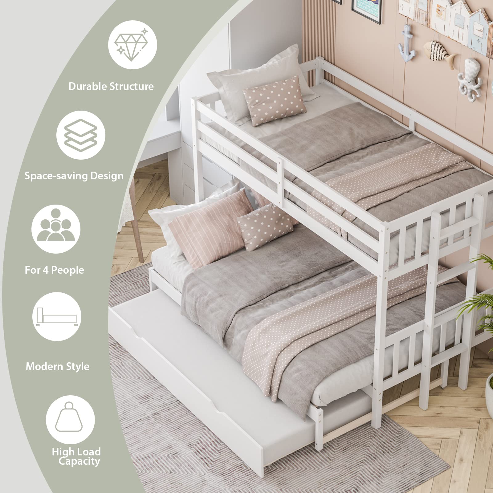 KOMFOTT Twin Over Full Bunk Bed with Trundle,  Extendable Twin/Full/Queen/King Bunk Bed