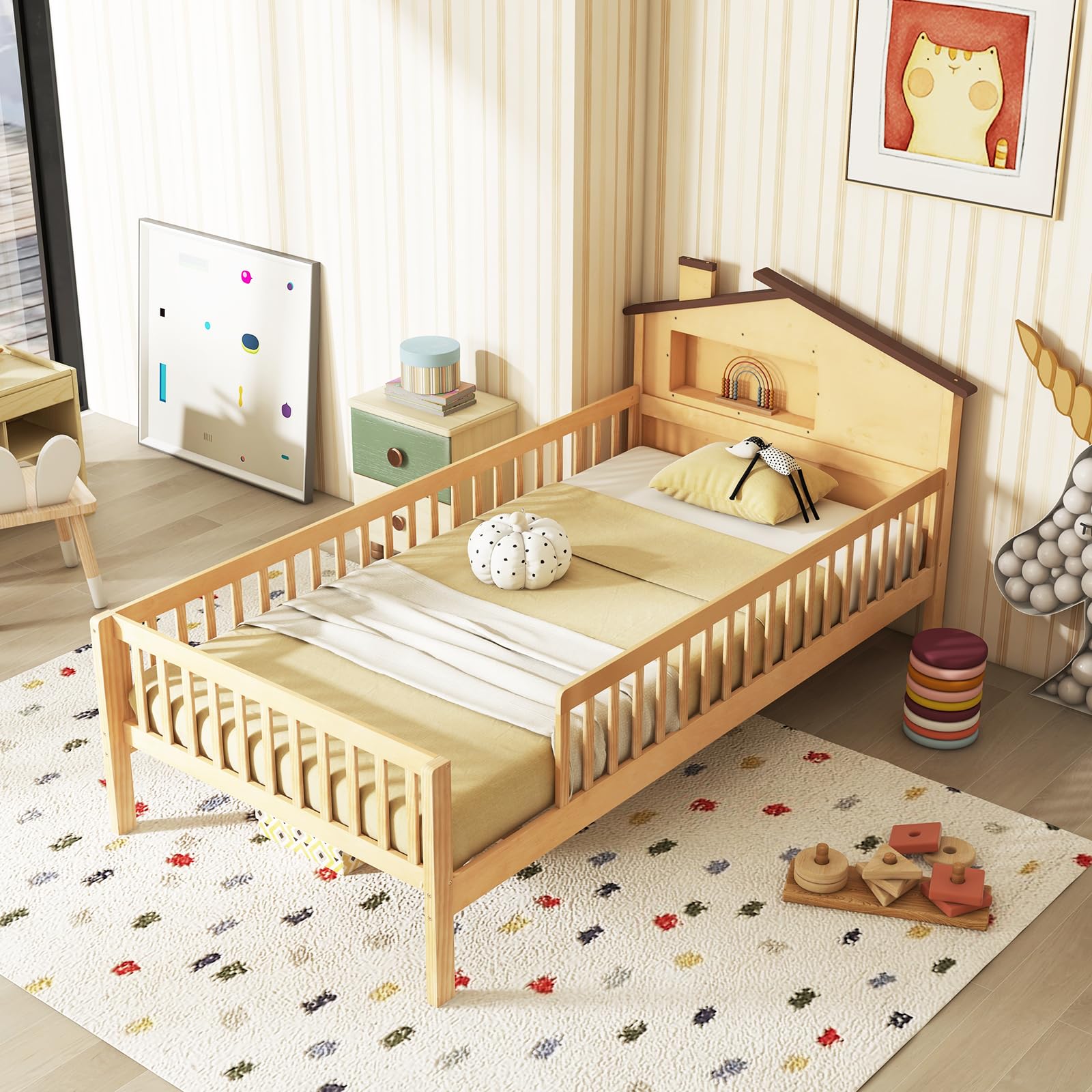 KOMFOTT Twin Size Bed Frame with House Shaped Headboard