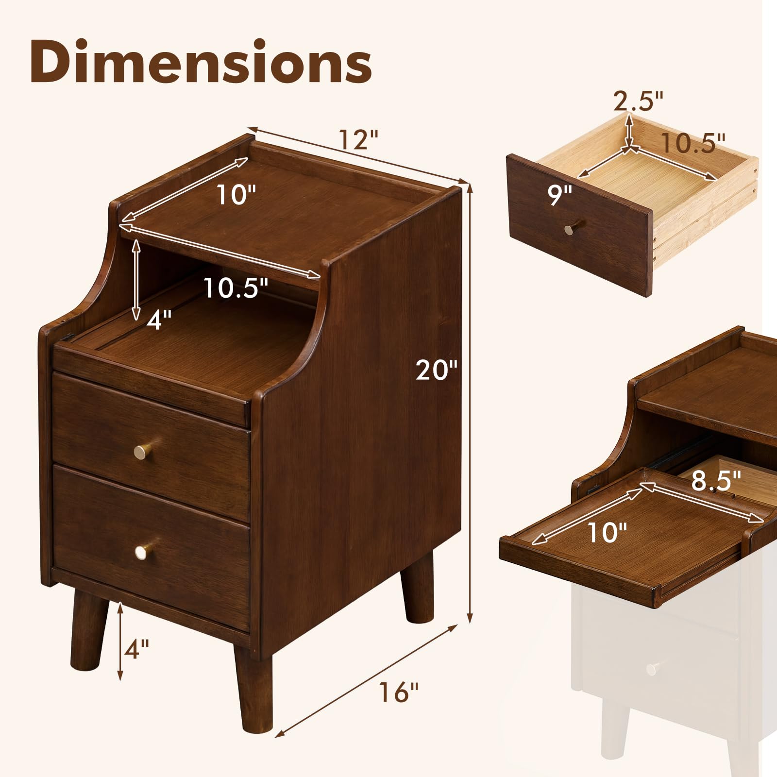 KOMFOTT Narrow Nightstand with 2 Drawers & Pull-Out Tray(1/2)
