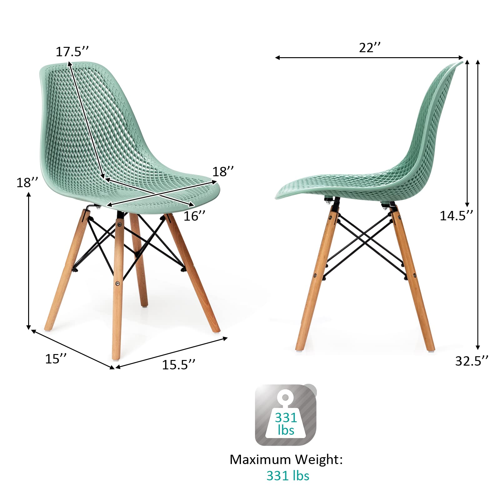 KOMFOTT Set of 2/4 Modern Dining Chairs, Outdoor Indoor Shell PP Lounge Side Chairs with Mesh Design, Beech Wood Legs