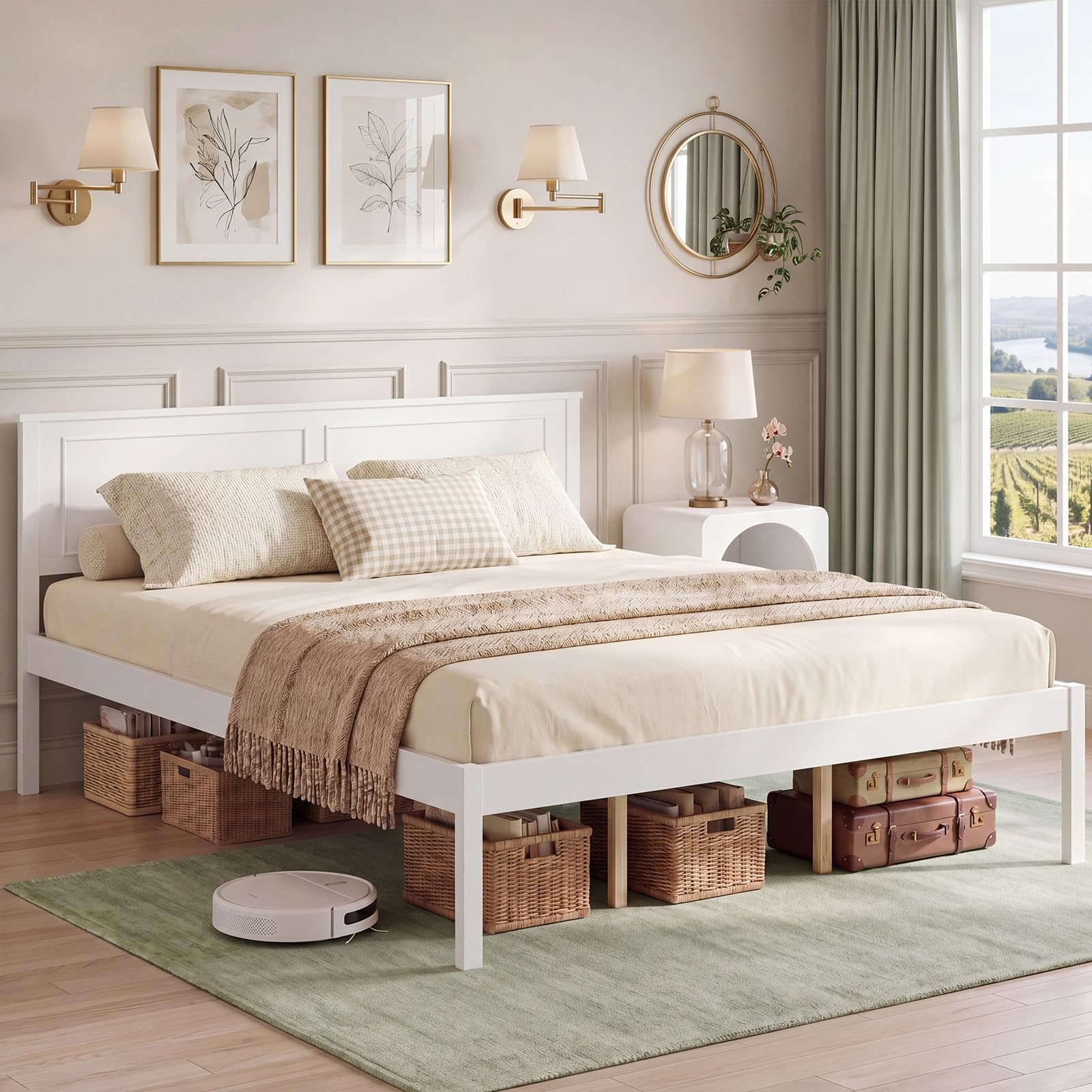 KOMFOTT Queen/Full/Twin Size Bed Frame Farmhouse Wooden Platform Bed