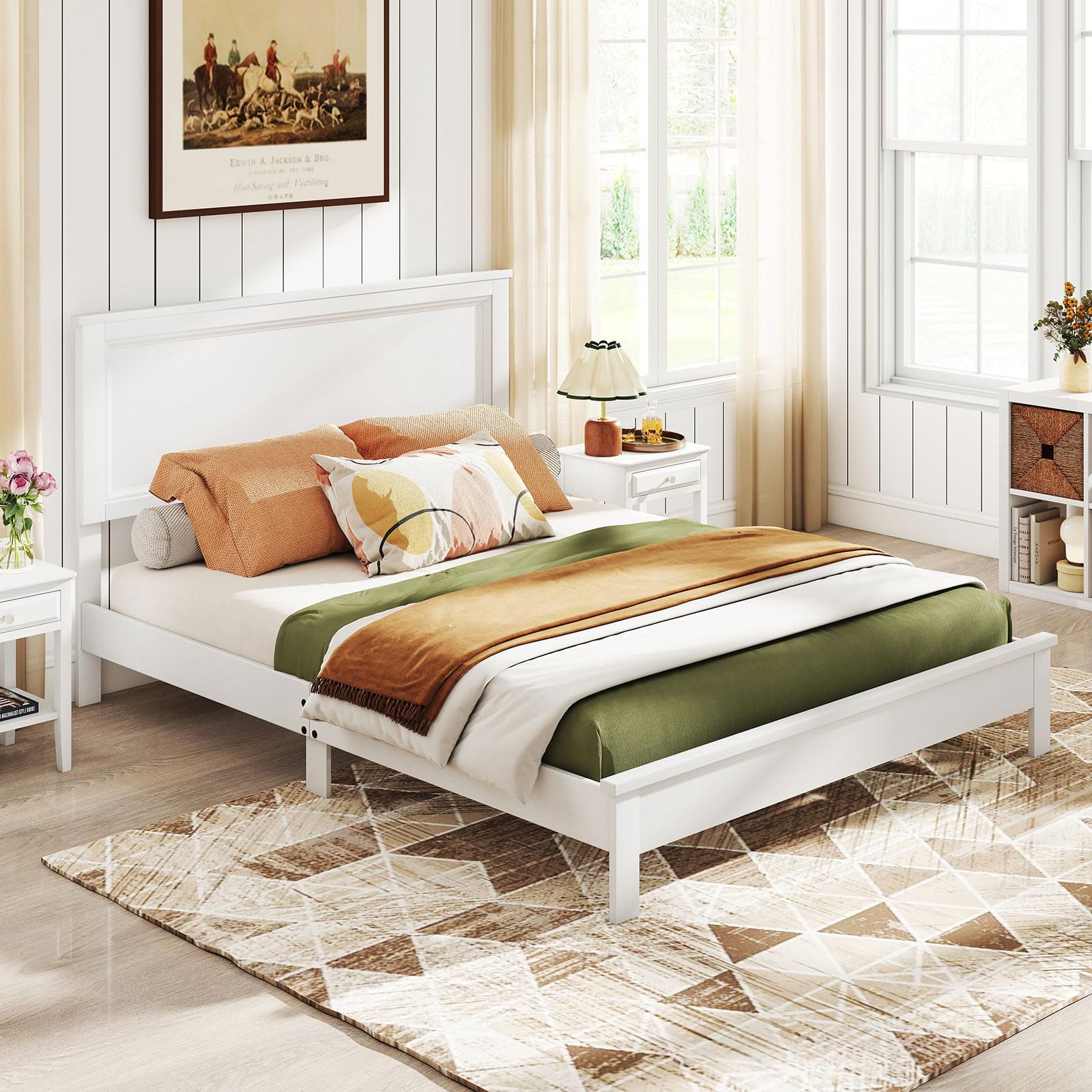 KOMFOTT Mid-Century Modern Platform Bed with Headboard, Solid Wood Legs